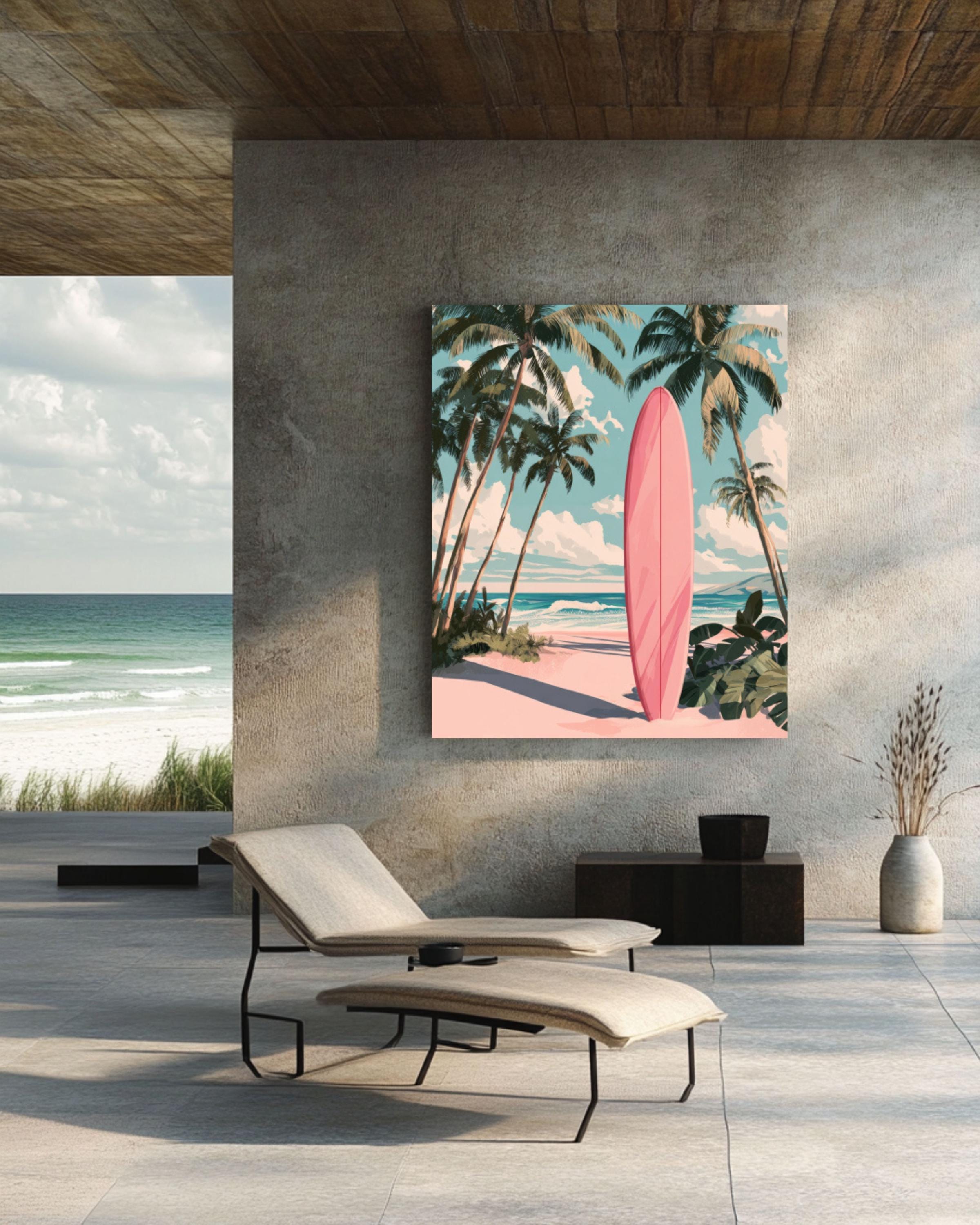 Vintage Pink Surfboard Print: Retro Beach Palm Tree Art for home and office wall décor