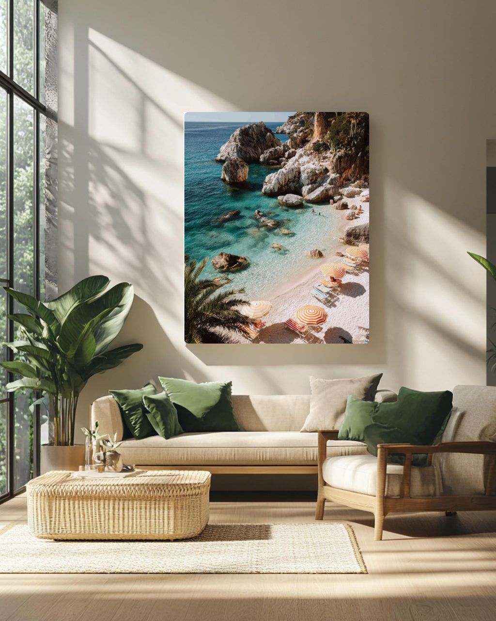Italian Beach Cove Wall Art | Turquoise Sea Striped Umbrellas Canvas