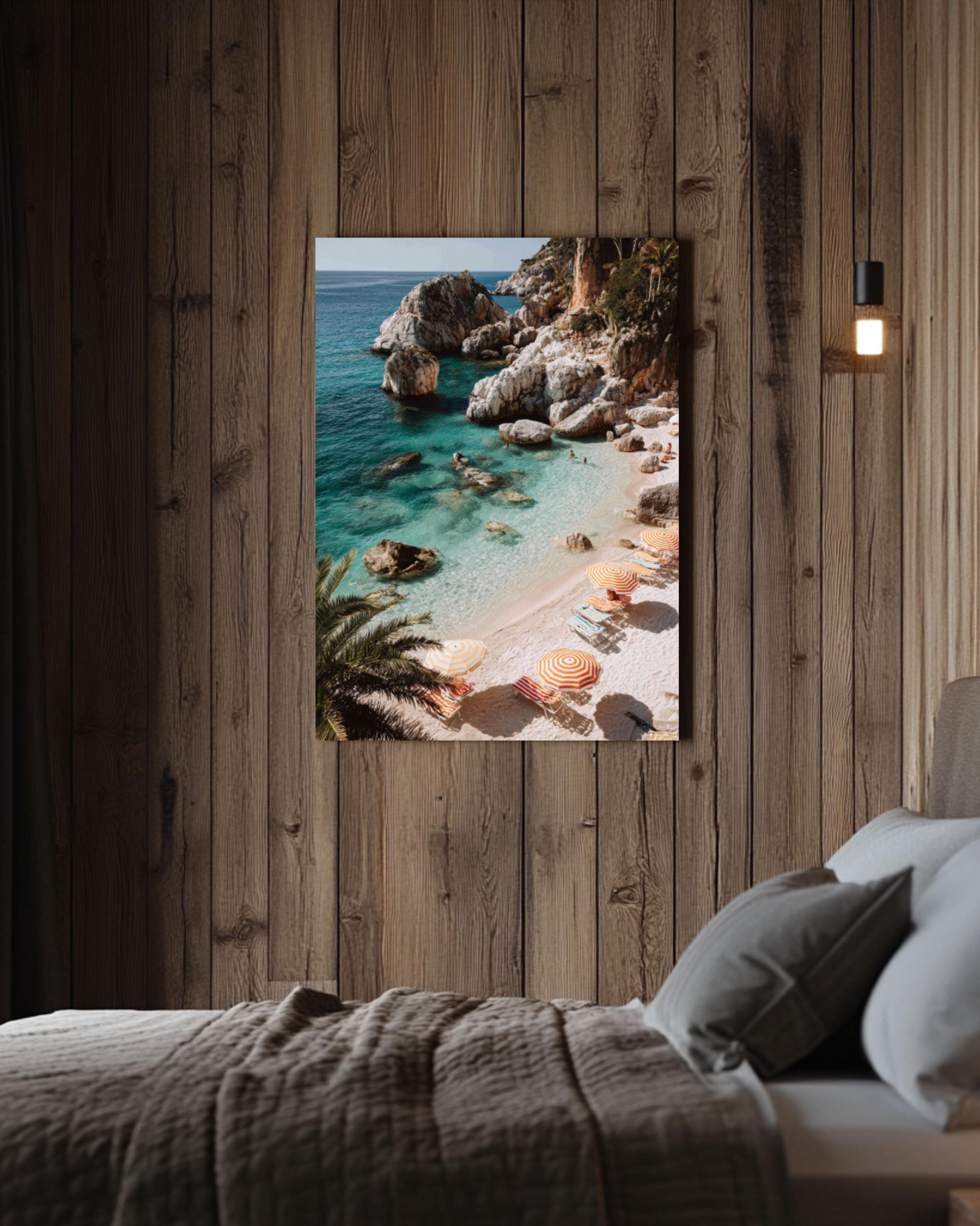 Italian Beach Cove Wall Art | Turquoise Sea Striped Umbrellas Canvas