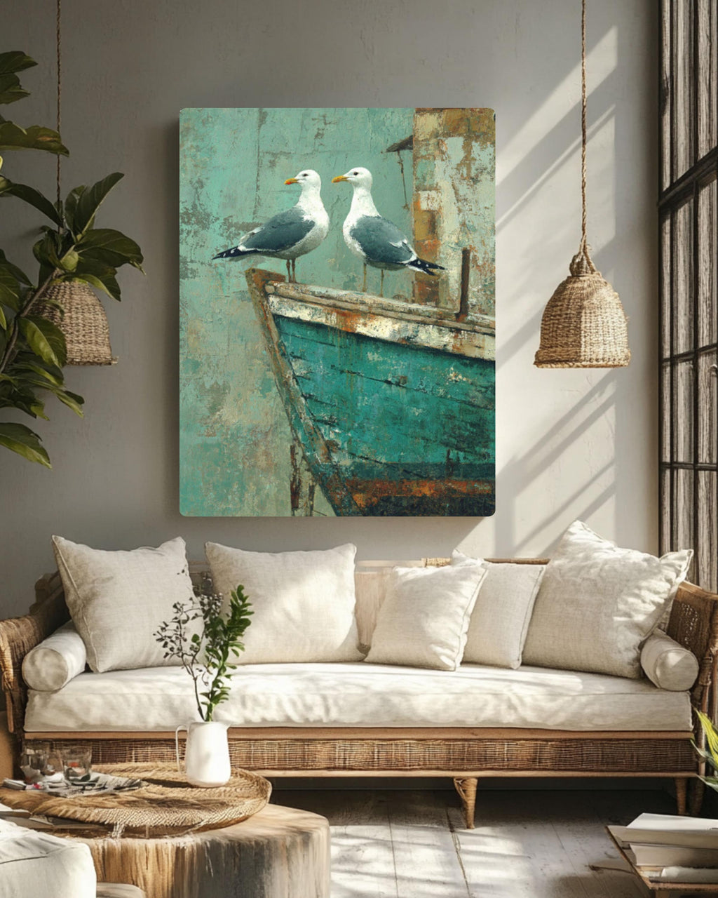 Seagulls on Teal Boat Wall Art | Rustic Coastal Farmhouse Canvas Print