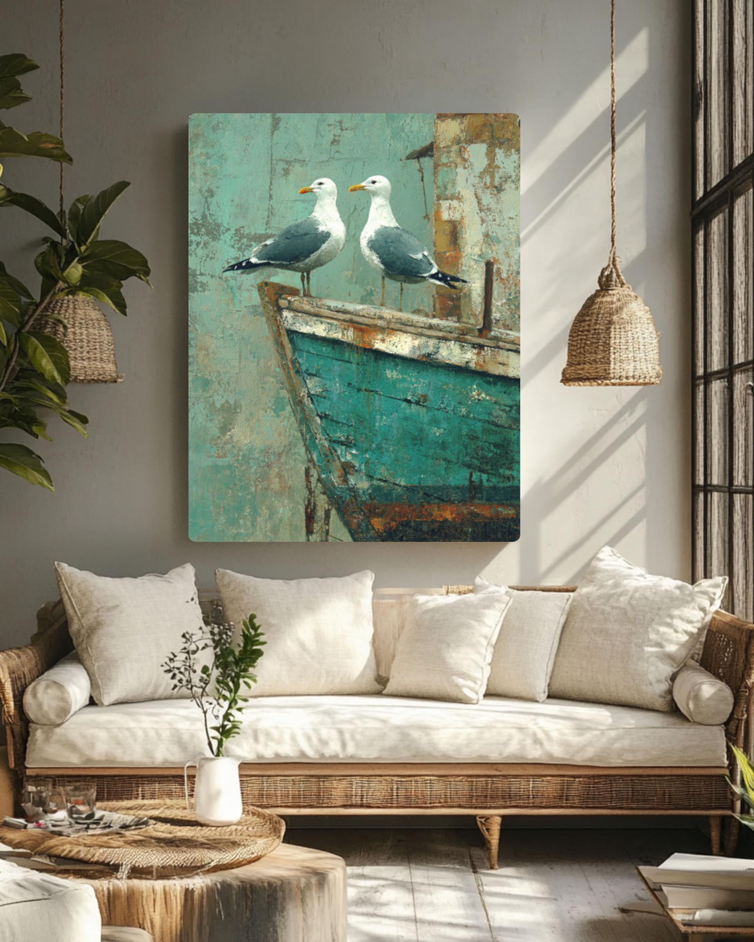 Seagulls on Teal Boat Wall Art | Rustic Coastal Farmhouse Canvas Print