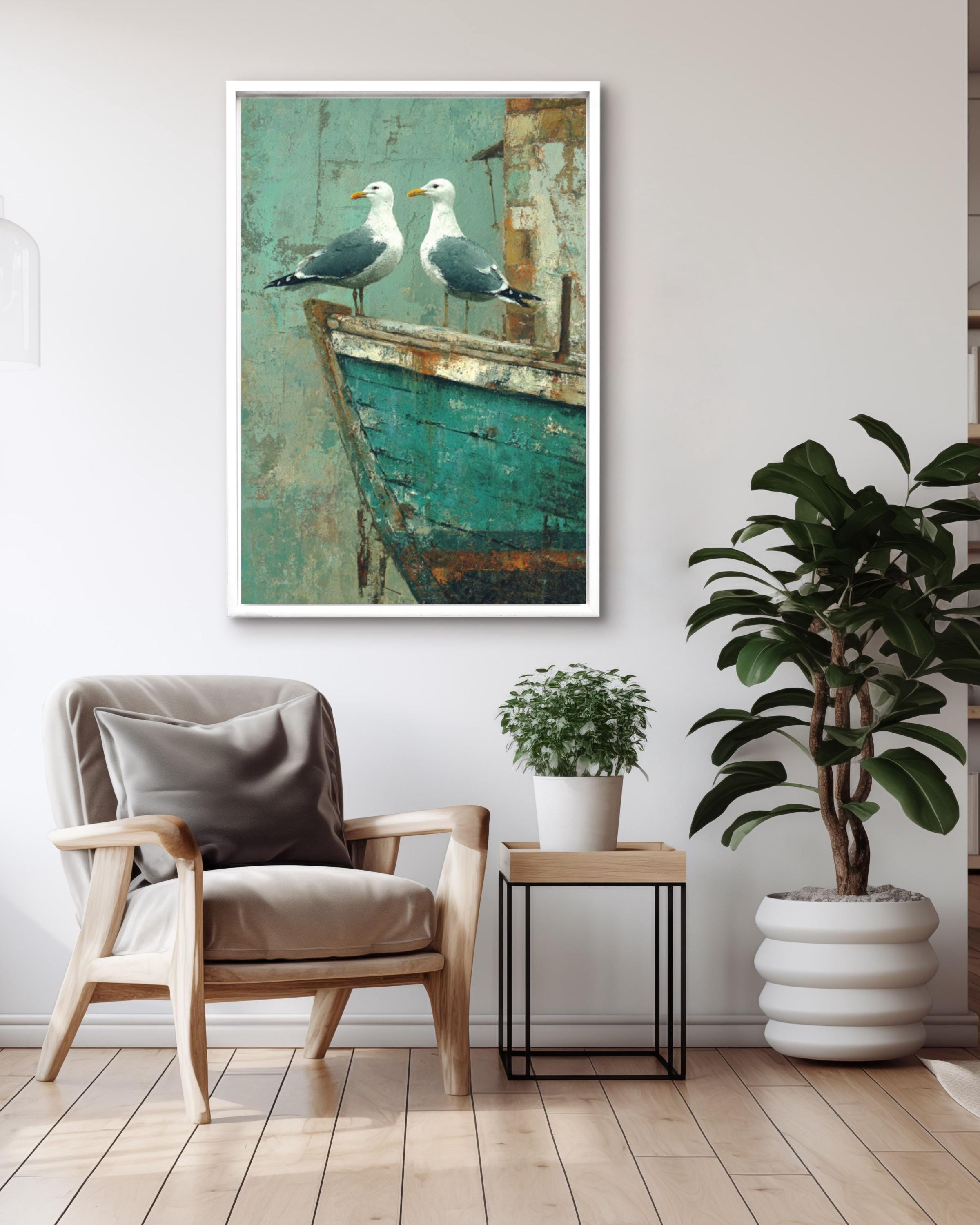 Seagulls on Teal Boat Wall Art | Rustic Coastal Farmhouse Canvas Print