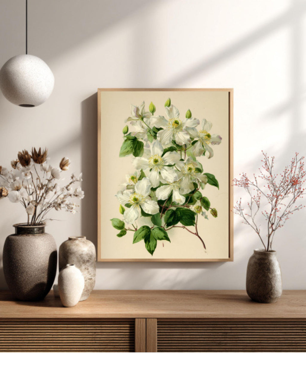 Vintage Clematis Botanical Wall Art | Cream Floral Canvas Print