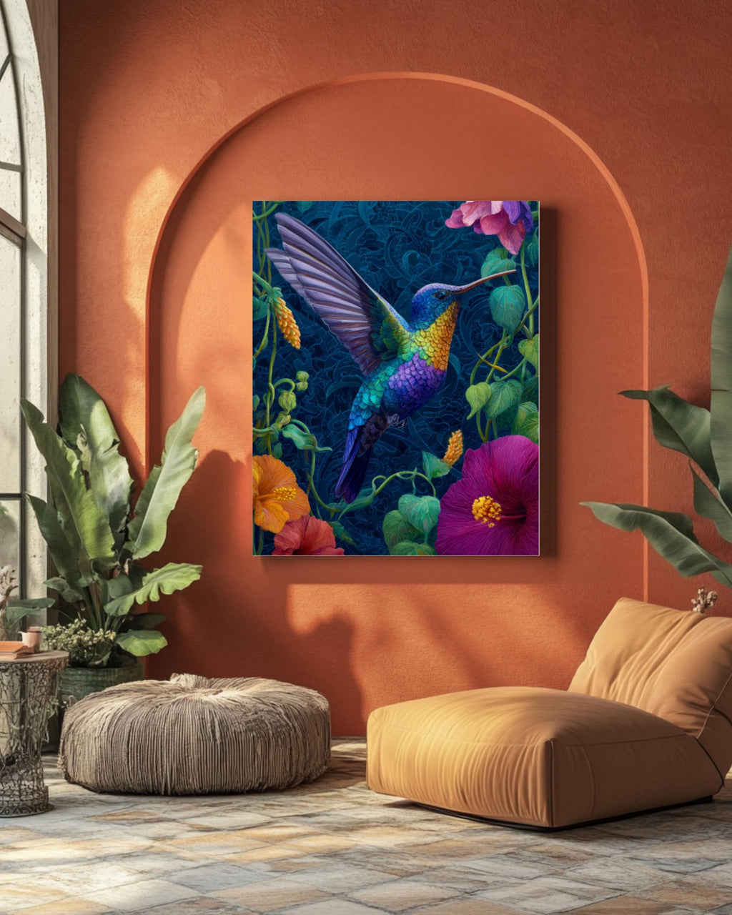 Hummingbird Tropical Flowers Wall Art | Dark Blue Canvas Print