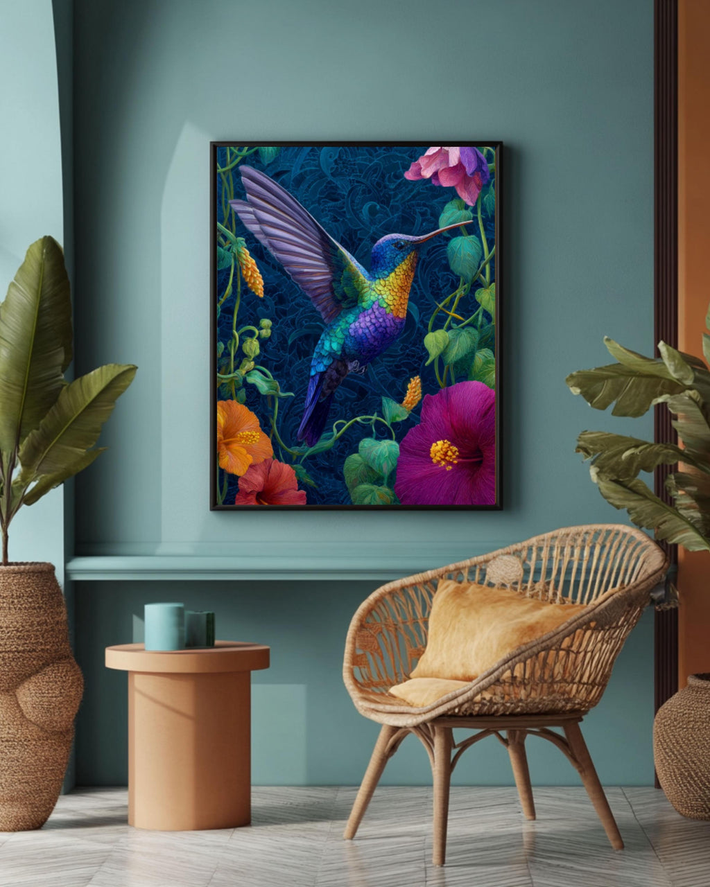 Hummingbird Tropical Flowers Wall Art | Dark Blue Canvas Print