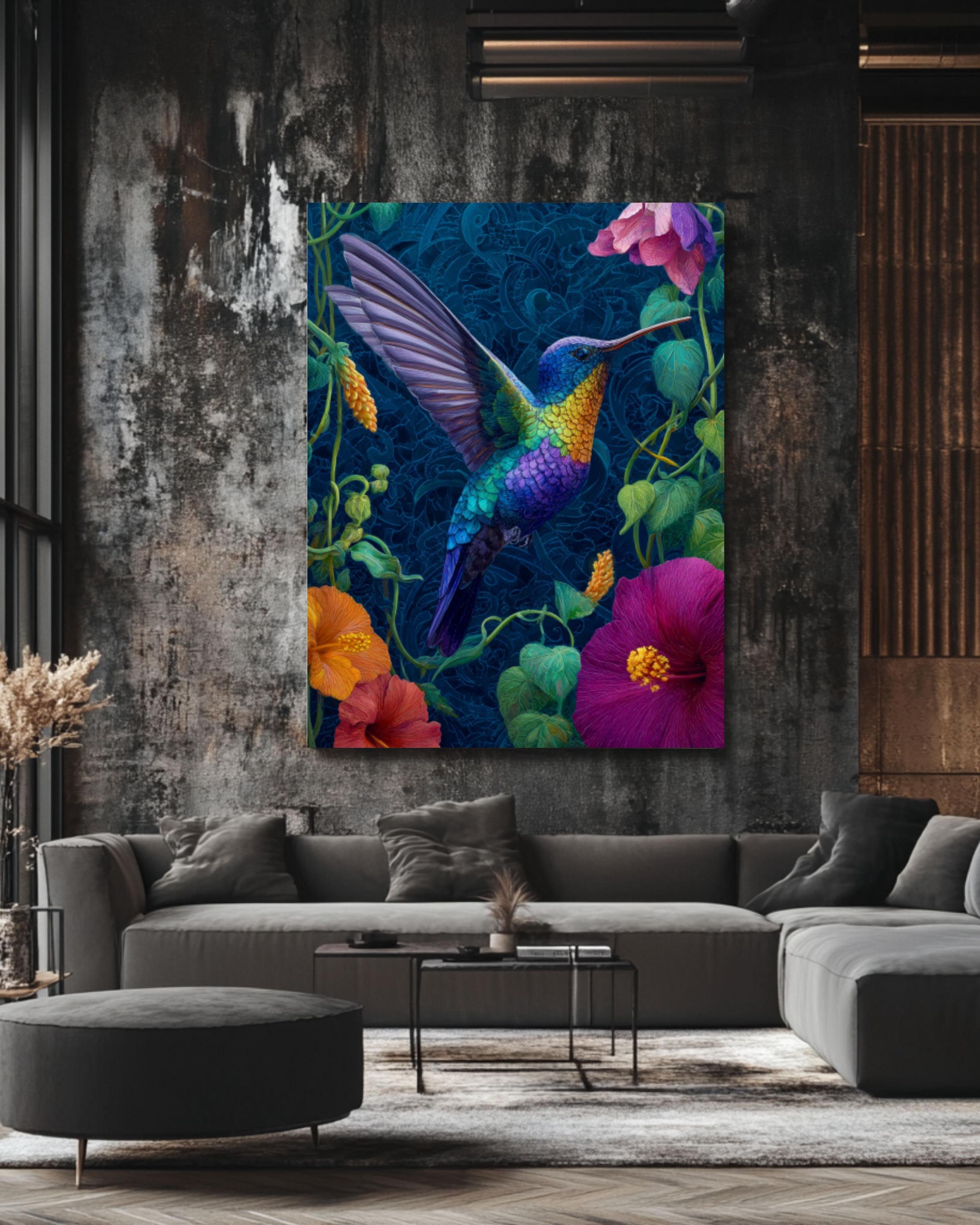 Hummingbird Tropical Flowers Wall Art | Dark Blue Canvas Print
