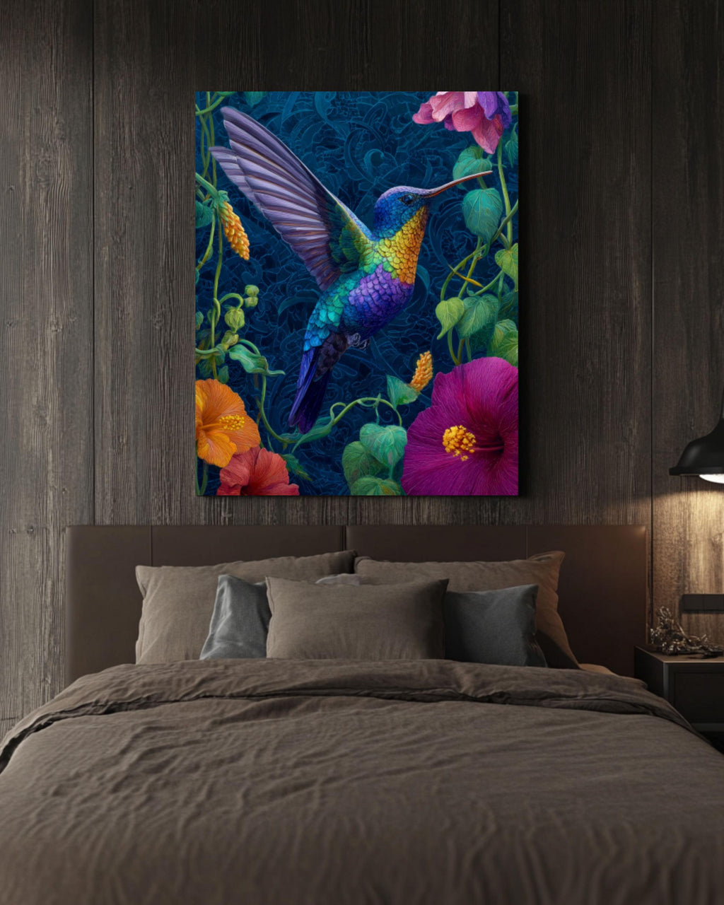 Hummingbird Tropical Flowers Wall Art | Dark Blue Canvas Print