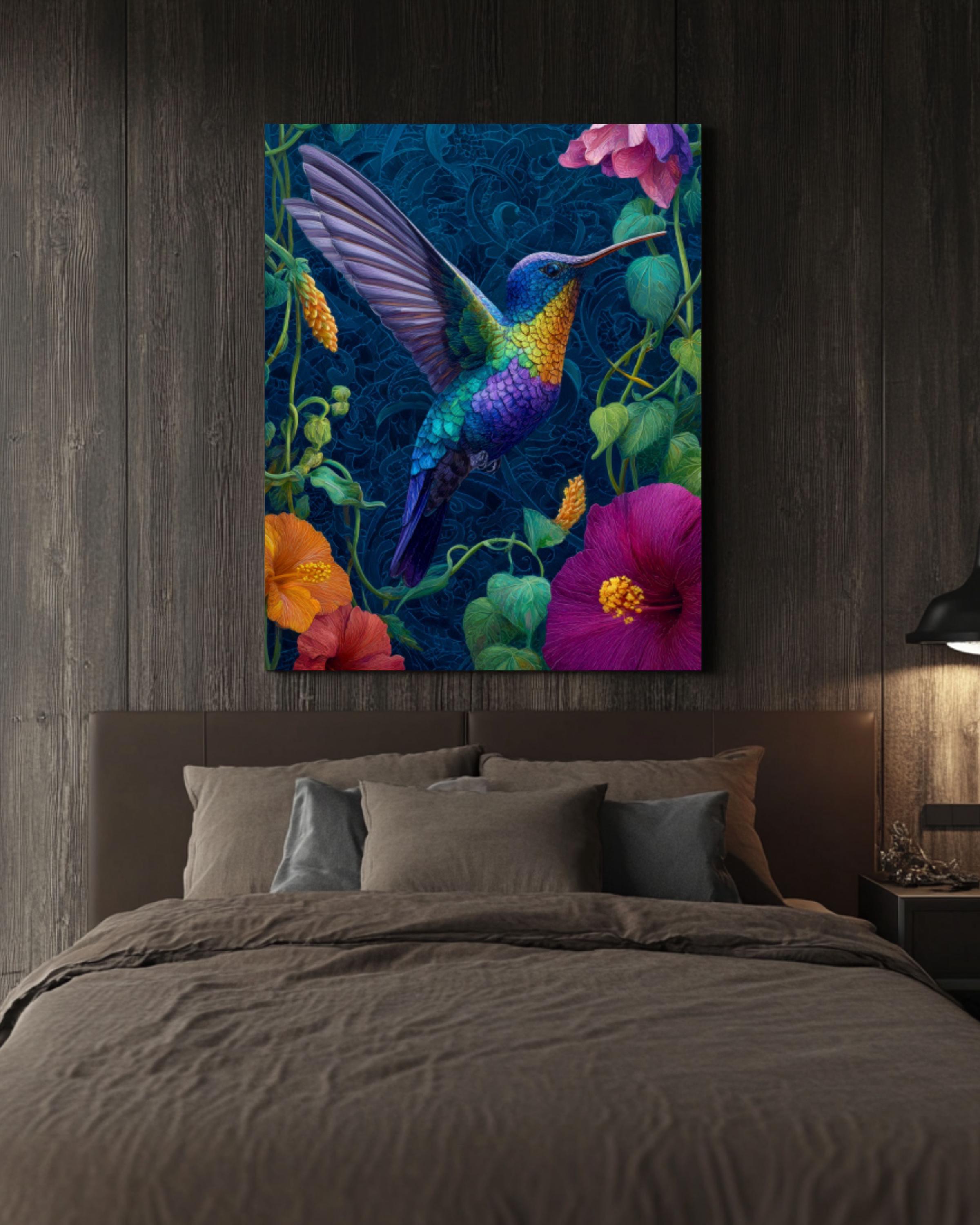 Hummingbird Tropical Flowers Wall Art | Dark Blue Canvas Print