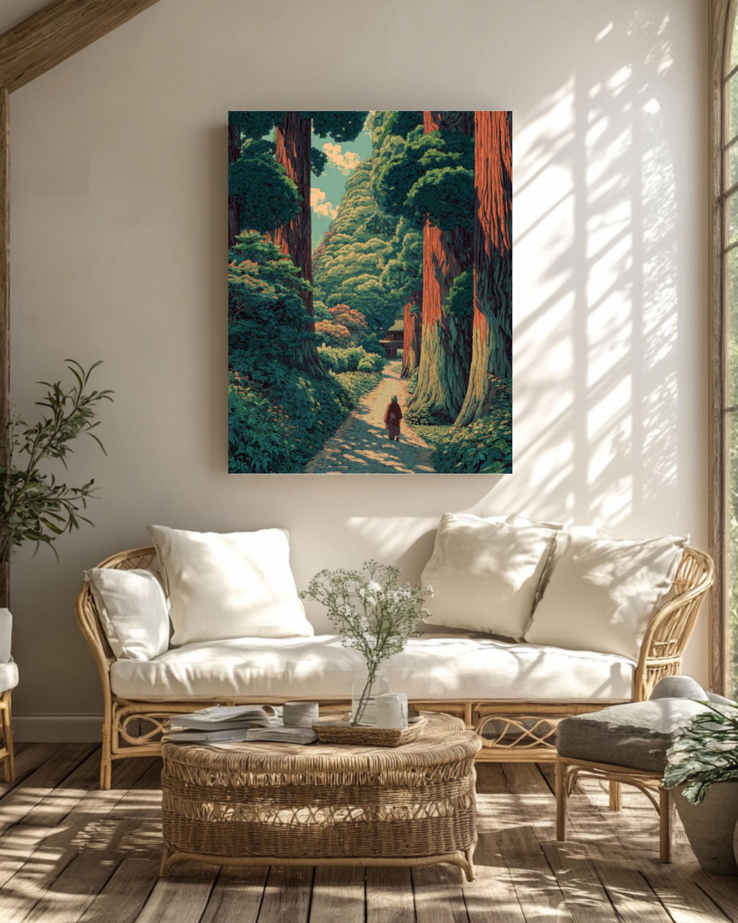 Redwood Forest Wall Art | Japanese Woodblock Style Landscape Canvas