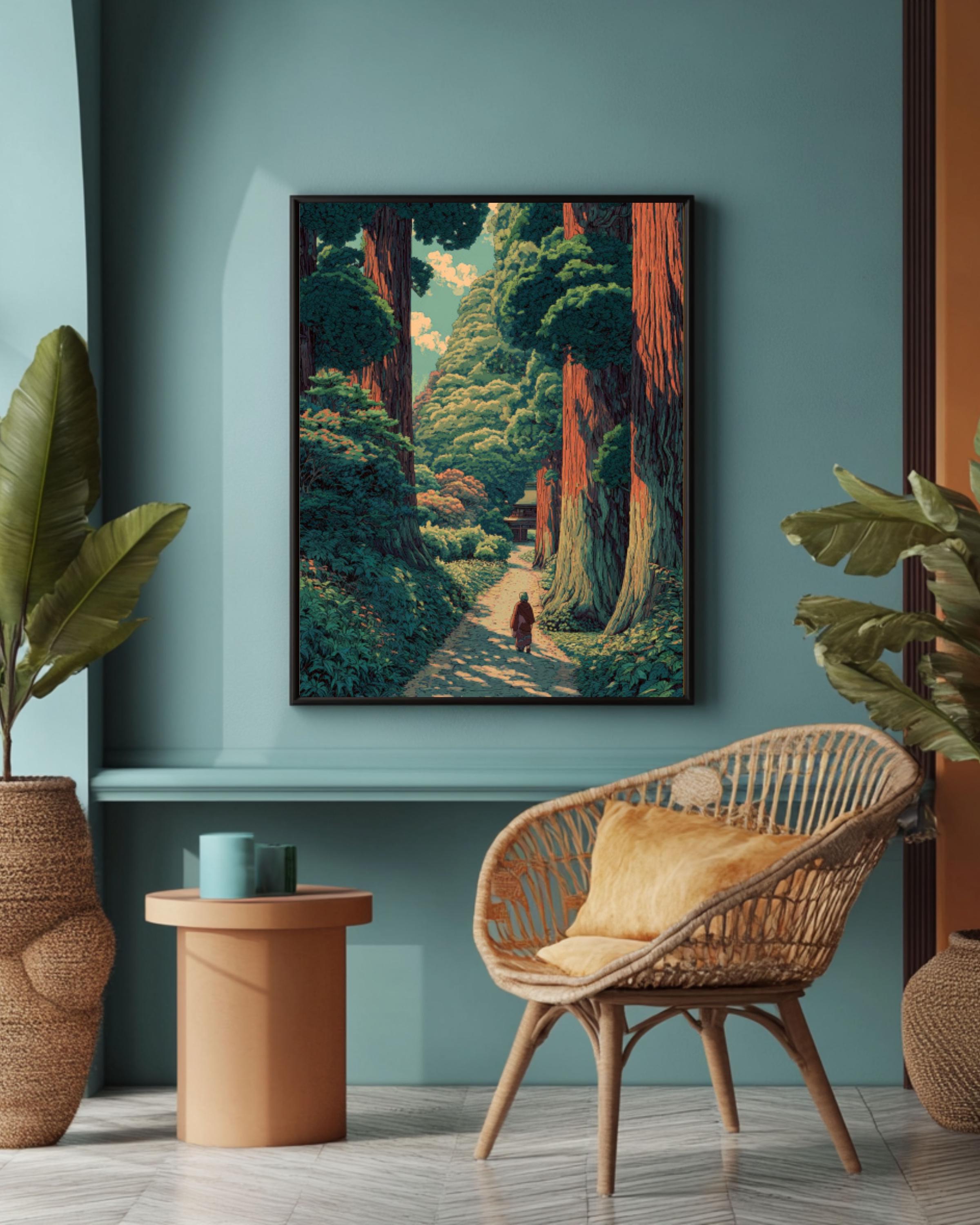 Redwood Forest Wall Art | Japanese Woodblock Style Landscape Canvas