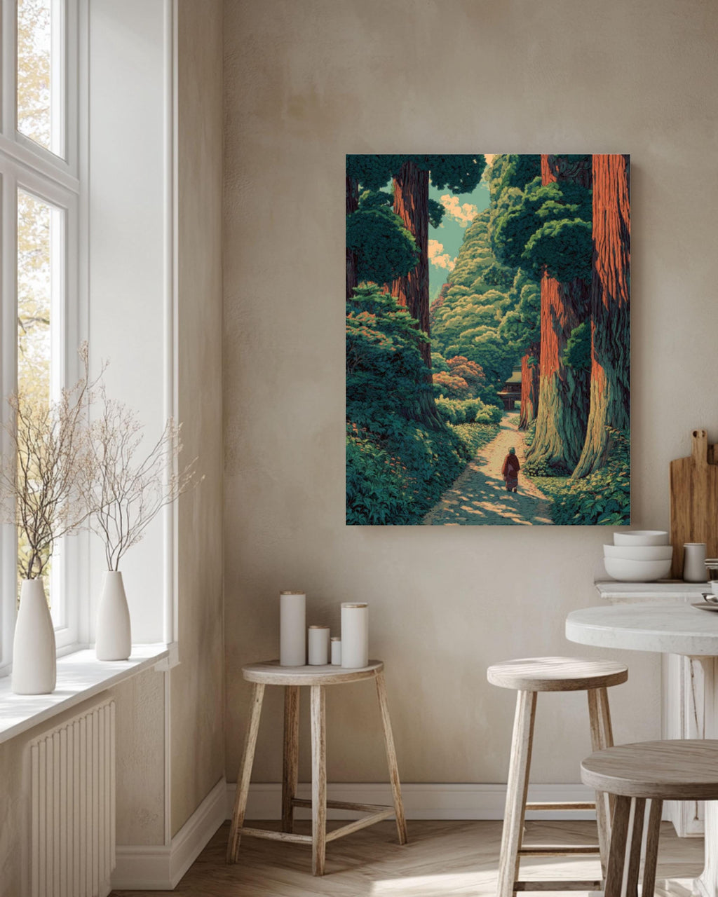 Redwood Forest Wall Art | Japanese Woodblock Style Landscape Canvas