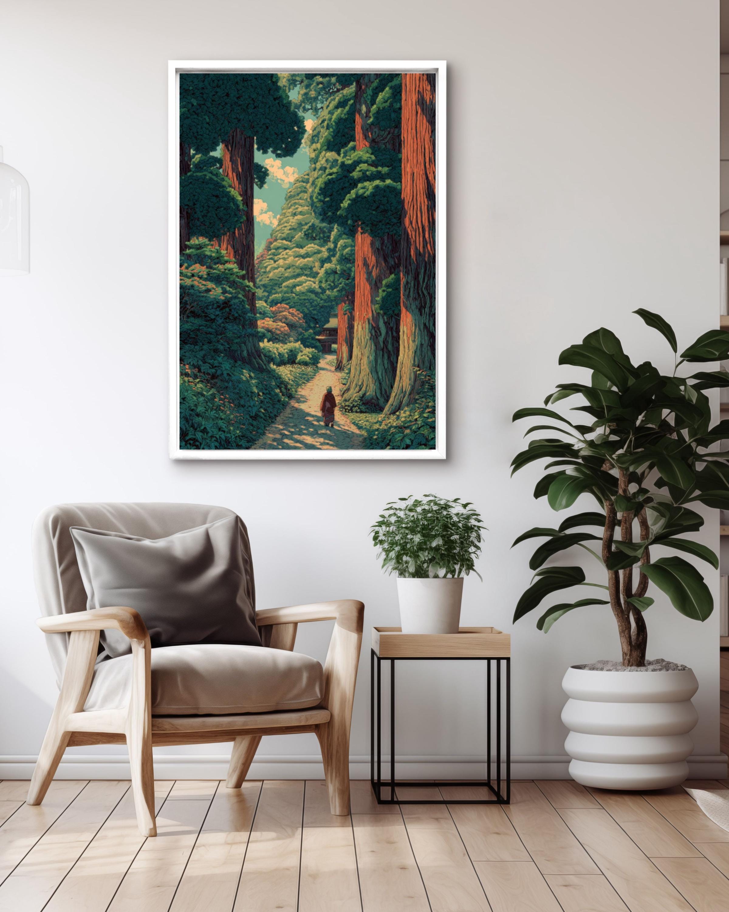 Redwood Forest Wall Art | Japanese Woodblock Style Landscape Canvas