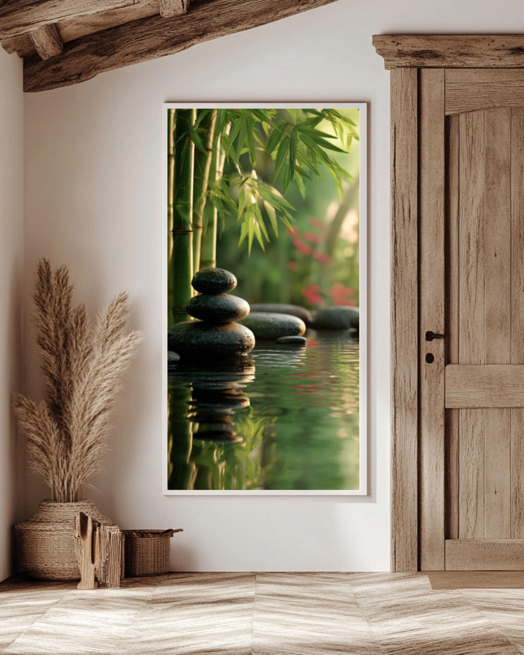 Zen Garden Stacked Stones Wall Art | Bamboo & Water Canvas Print