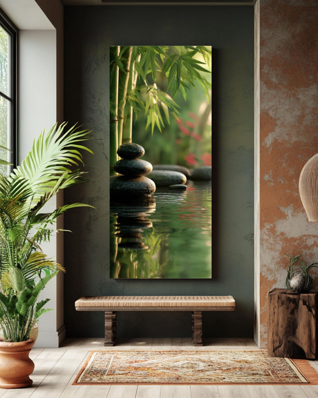 Zen Garden Stacked Stones Wall Art | Bamboo & Water Canvas Print