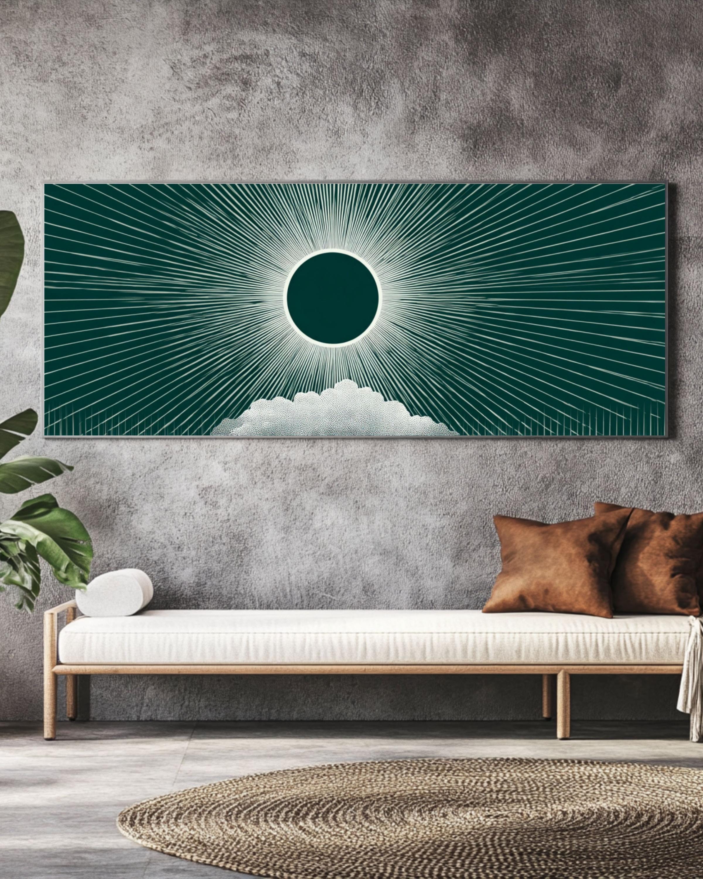 Geometric Illusion Art Print: White Circle & Cloud on Deep Green Canvas for home and office wall décor