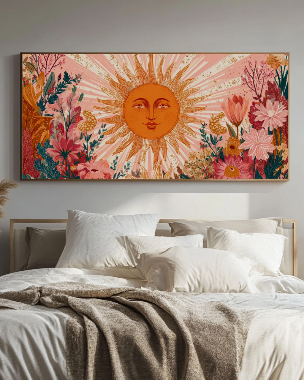 Floral Sun Face Wall Art | Boho Botanical Canvas Print