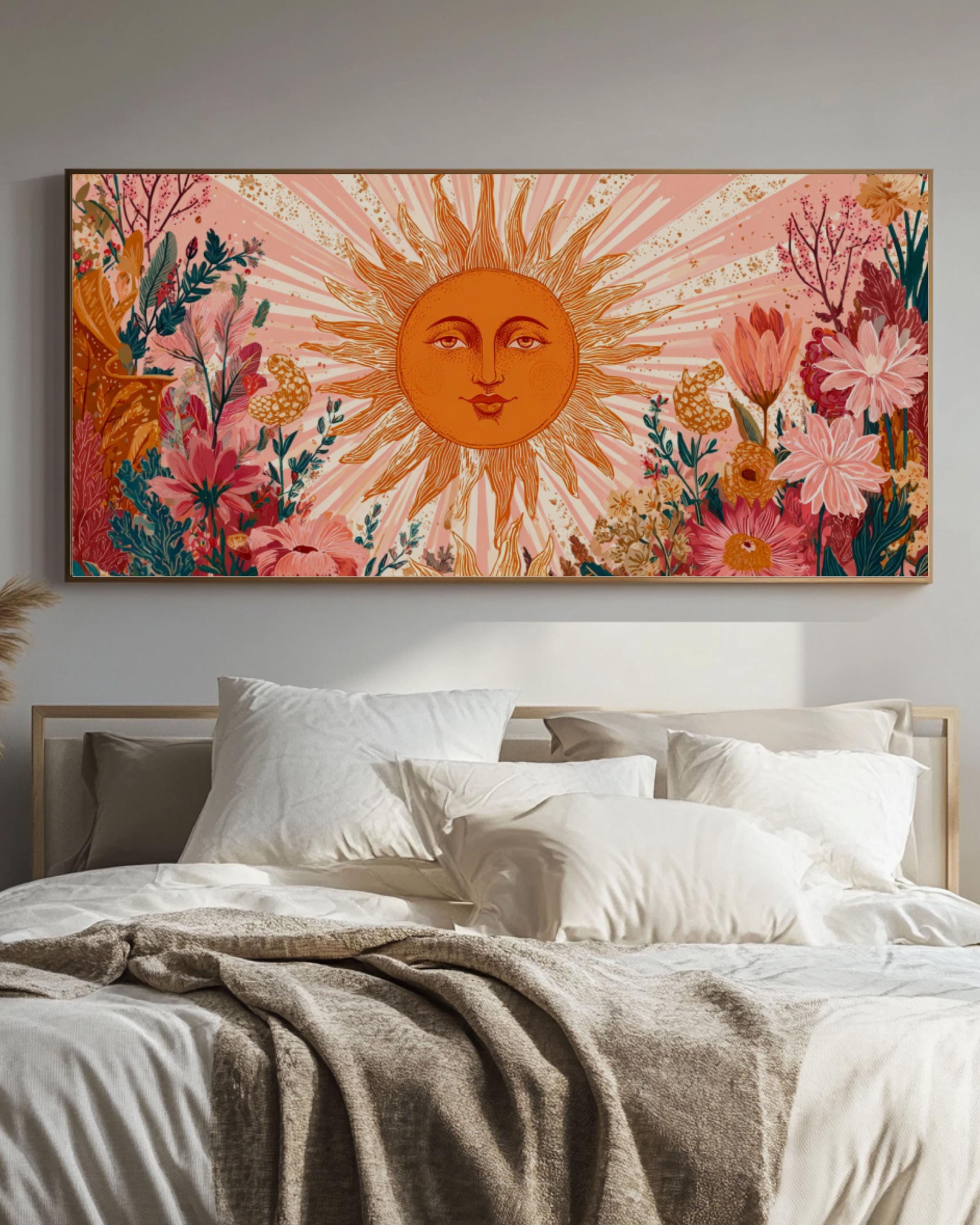 Floral Sun Face Wall Art | Boho Botanical Canvas Print