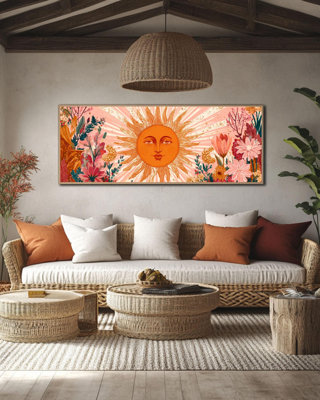 Floral Sun Face Wall Art | Boho Botanical Canvas Print