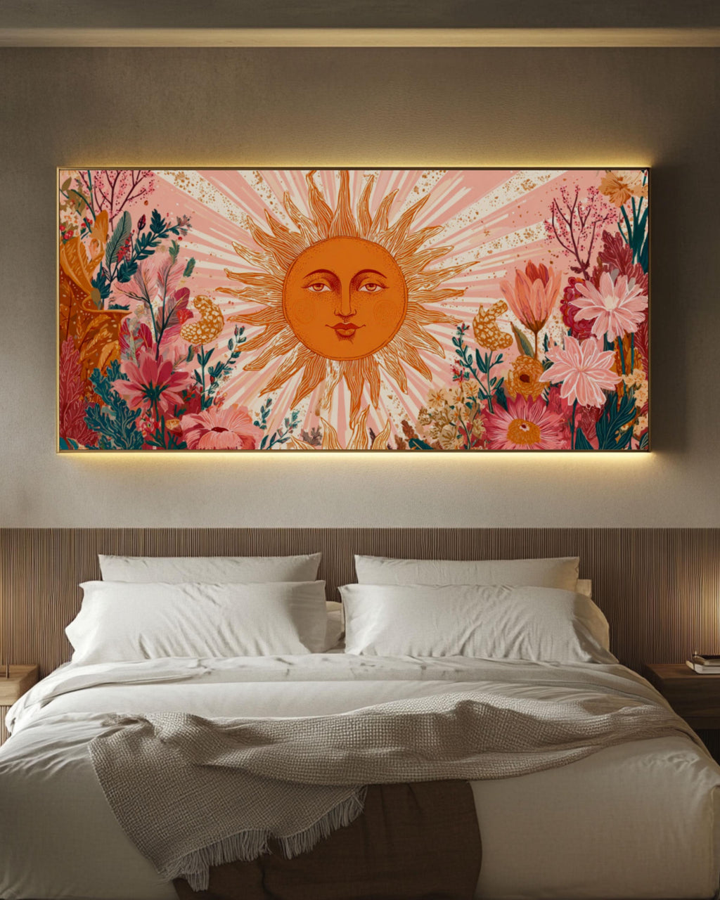 Floral Sun Face Wall Art | Boho Botanical Canvas Print