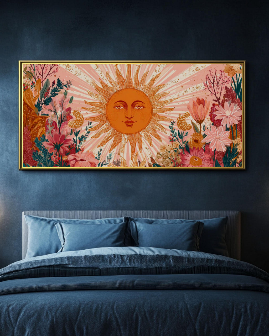 Floral Sun Face Wall Art | Boho Botanical Canvas Print