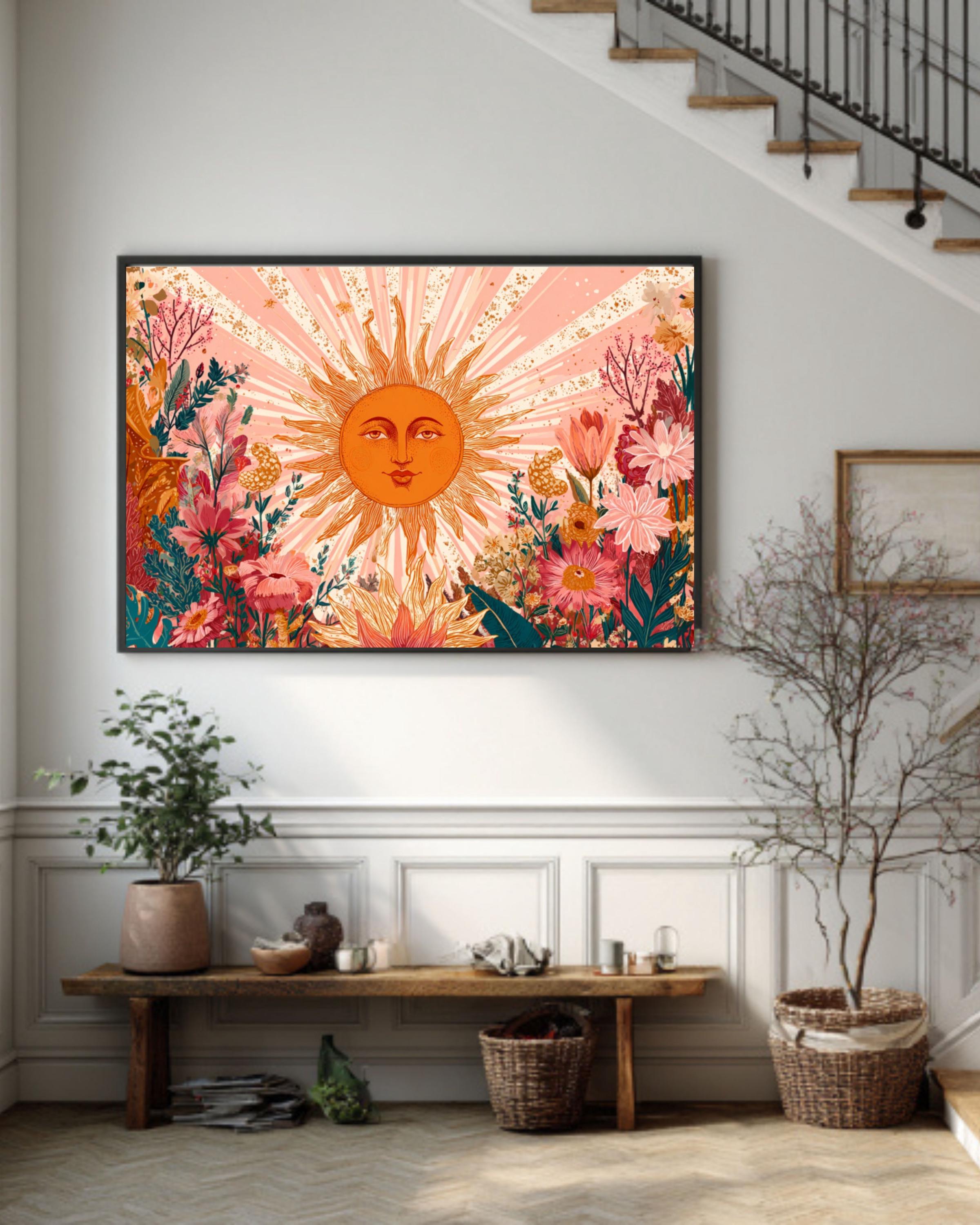 Floral Sun Face Wall Art | Boho Botanical Canvas Print