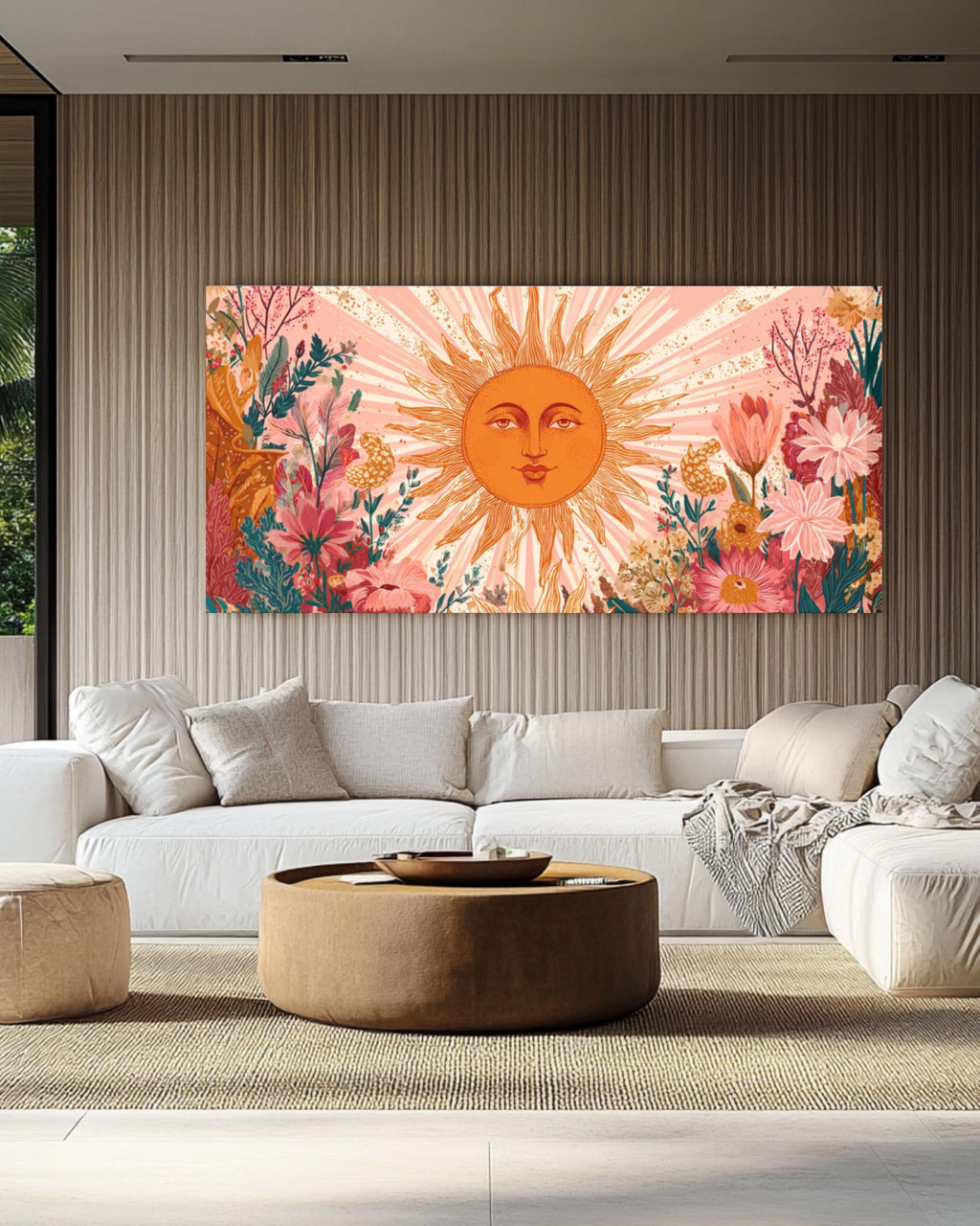 Floral Sun Face Wall Art | Boho Botanical Canvas Print