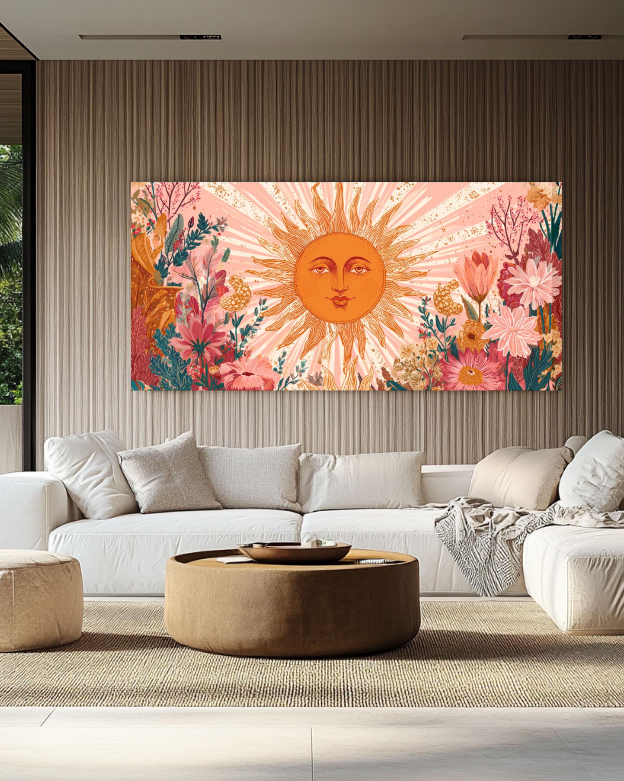 Floral Sun Face Wall Art | Boho Botanical Canvas Print