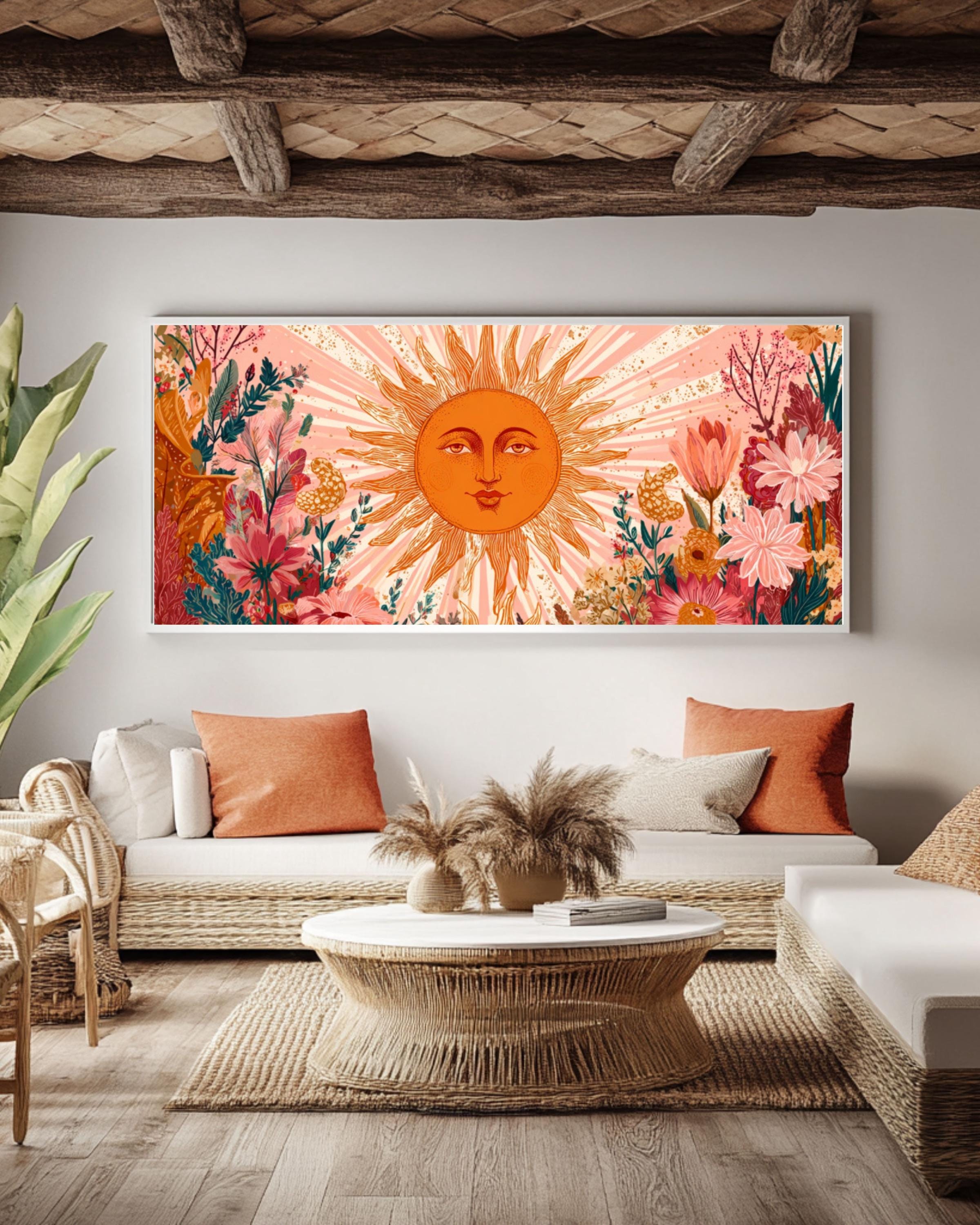 Floral Sun Face Canvas Art Print: Boho Botanical Decor for home and office wall décor
