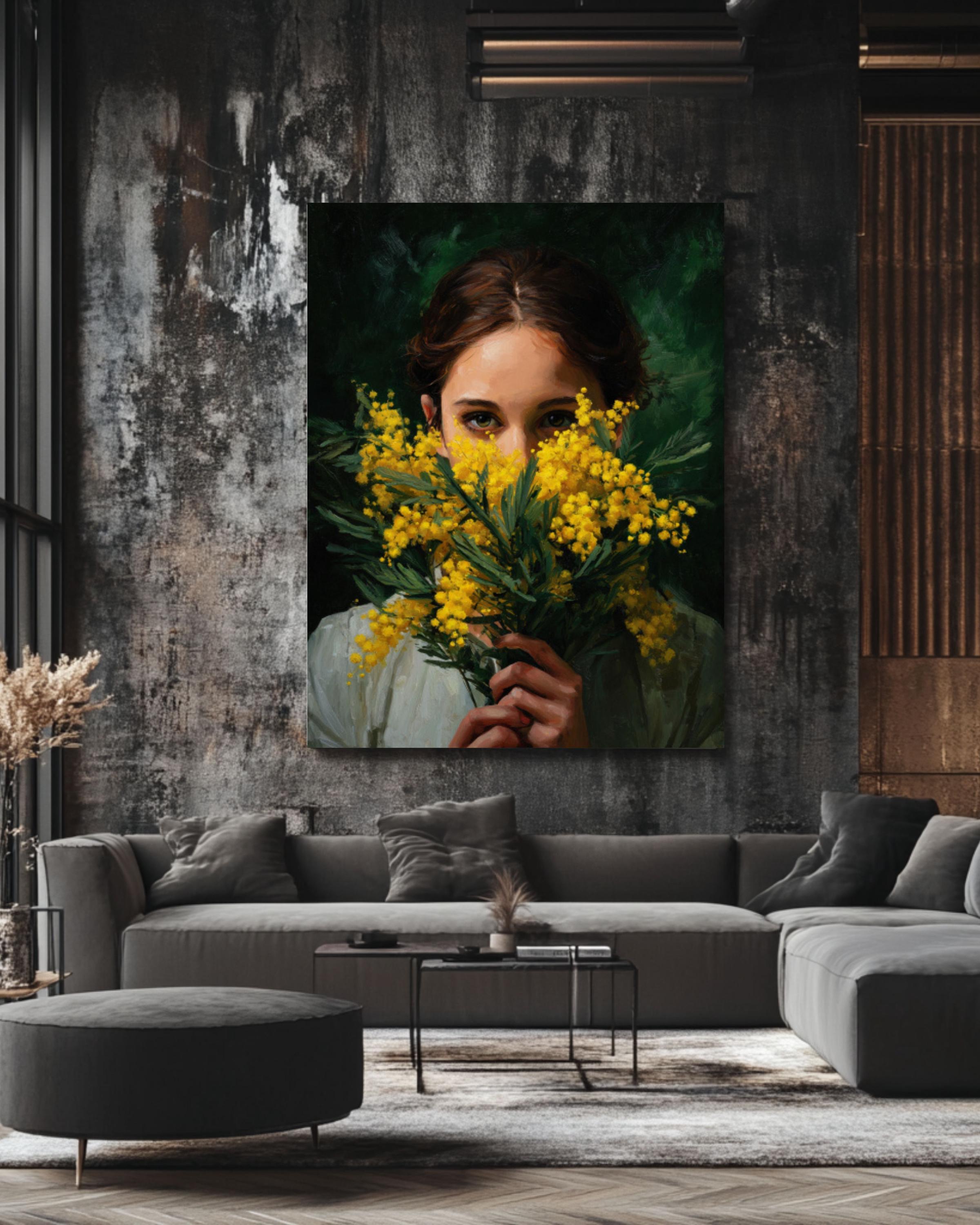 Mimosa Flower Woman Portrait Wall Art | Dark Botanical Canvas Print