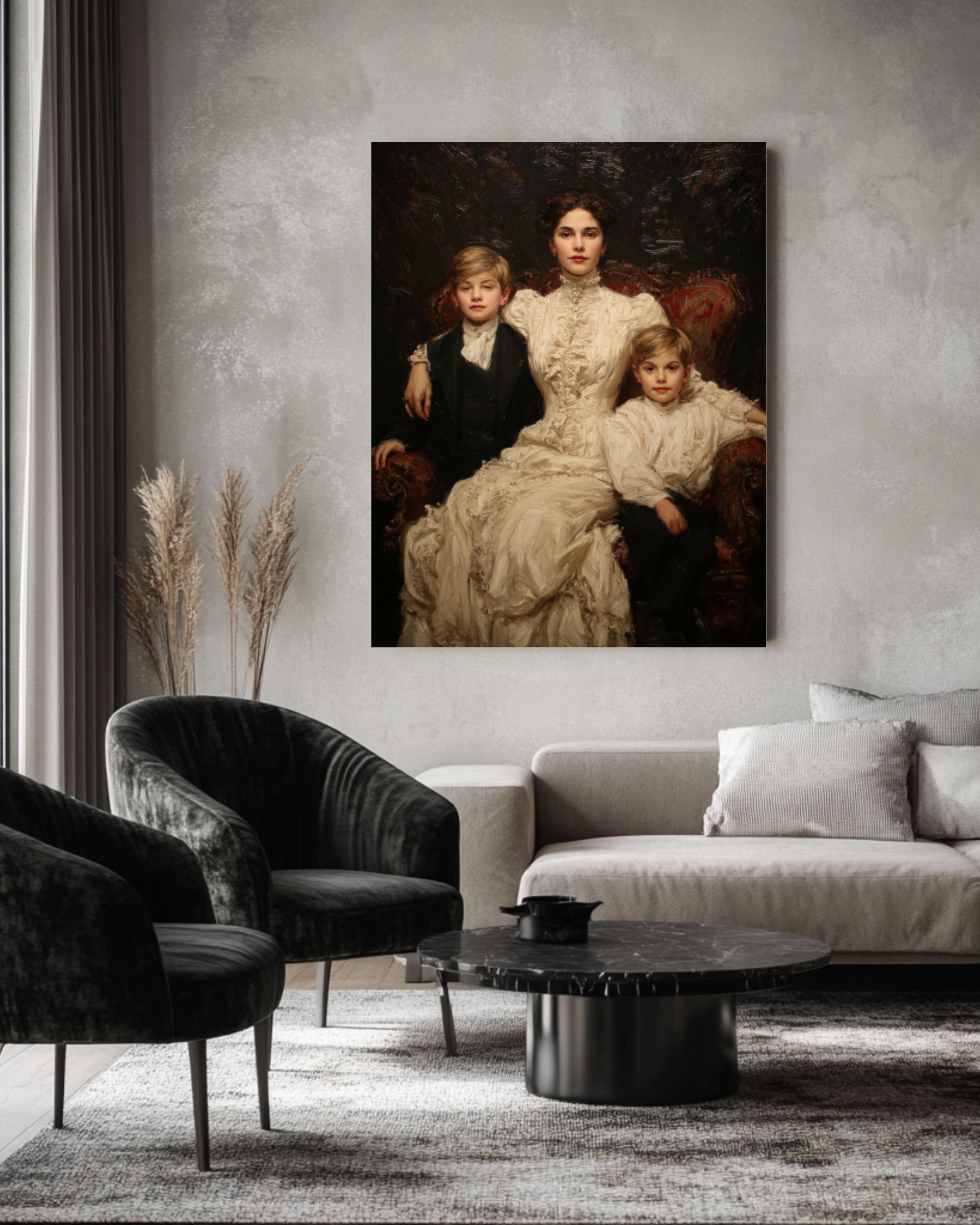 Mother and Sons Portrait Wall Art | Victorian Impressionist Canvas Print