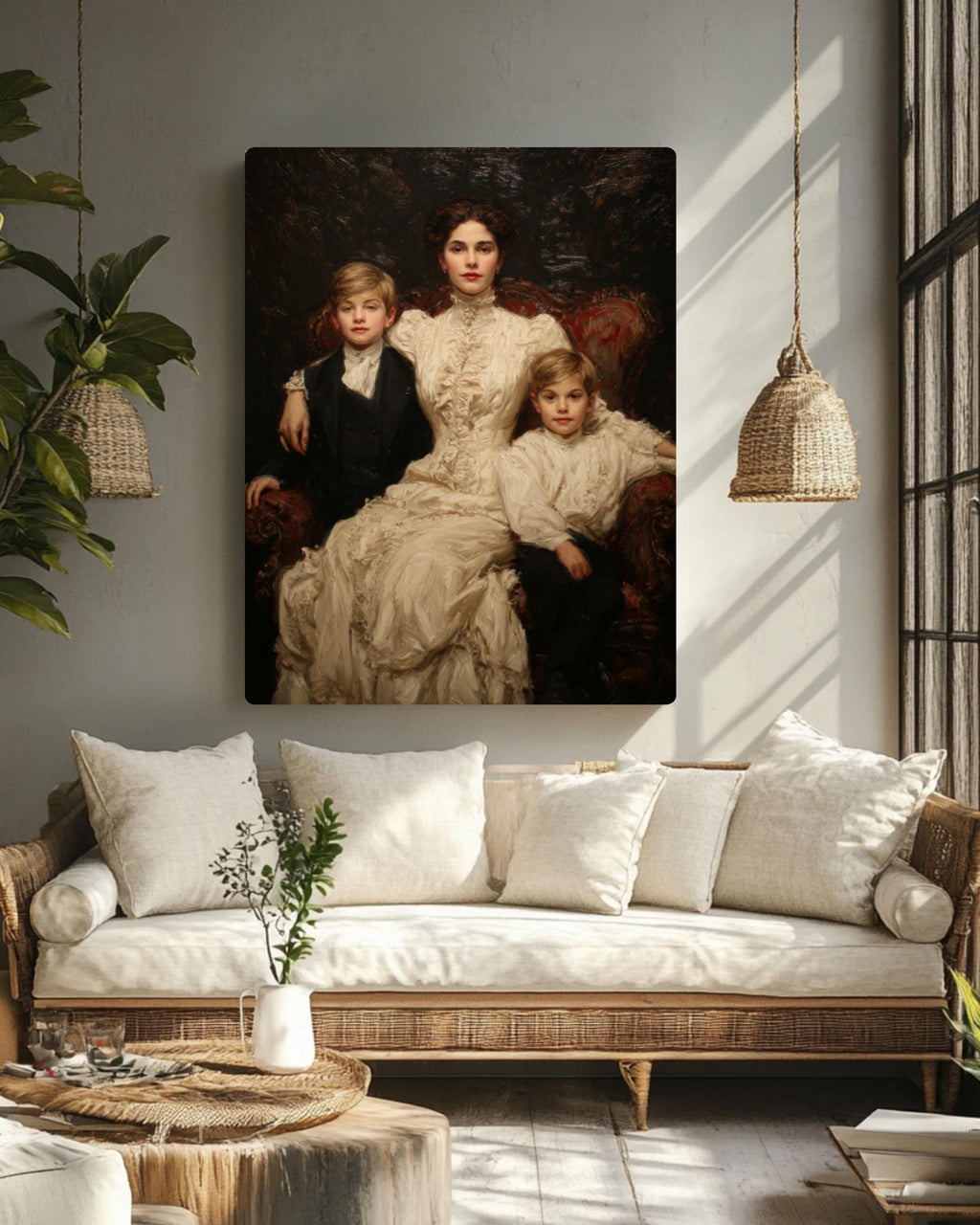 Mother and Sons Portrait Wall Art | Victorian Impressionist Canvas Print