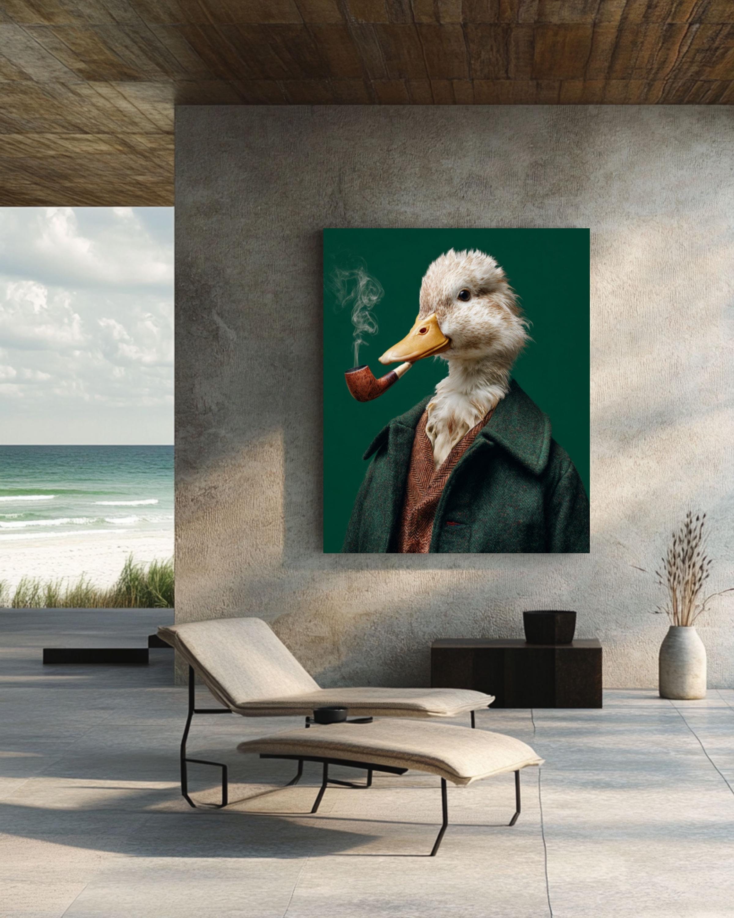 Smoking Duck Portrait Wall Art | Quirky Green Modern Canvas Decor