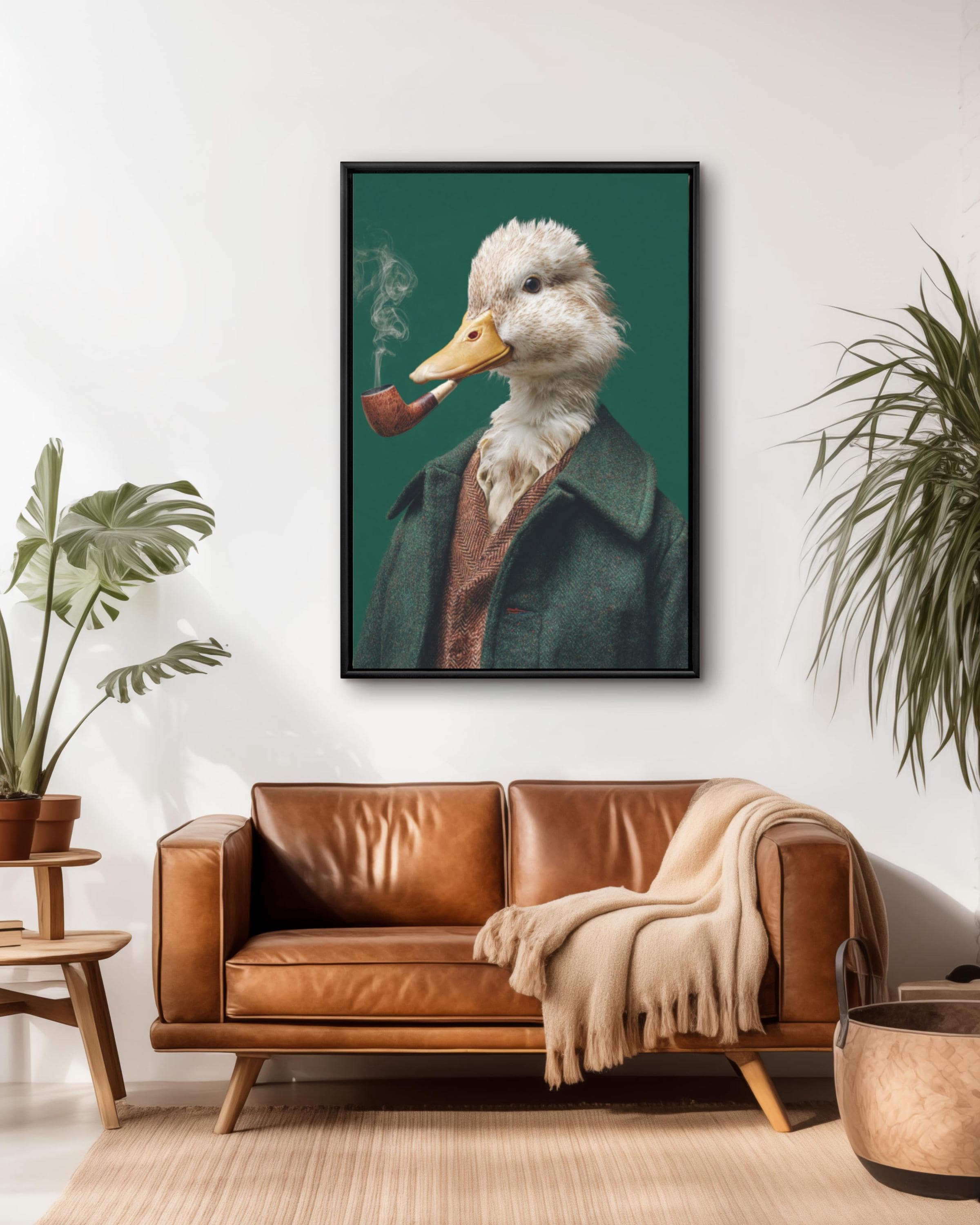 Smoking Duck Portrait Wall Art | Quirky Green Modern Canvas Decor