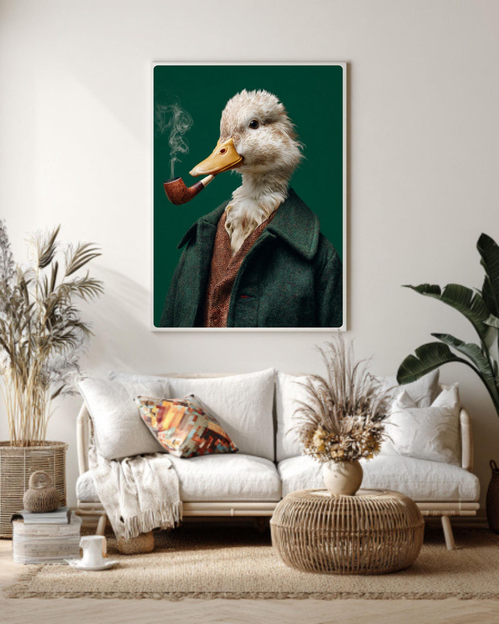 Smoking Duck Portrait Wall Art | Quirky Green Modern Canvas Decor