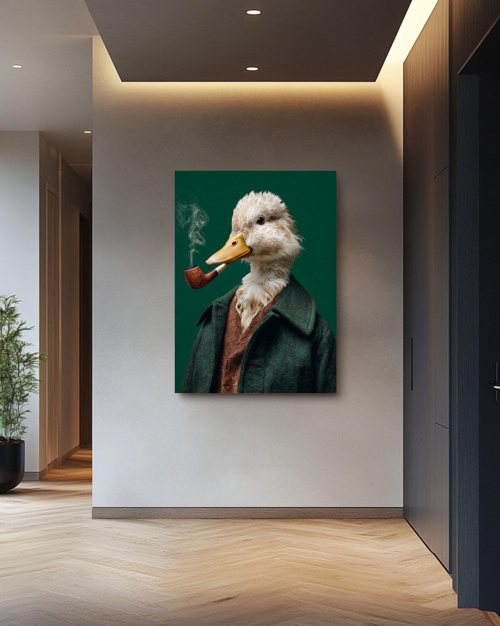Smoking Duck Portrait Wall Art | Quirky Green Modern Canvas Decor