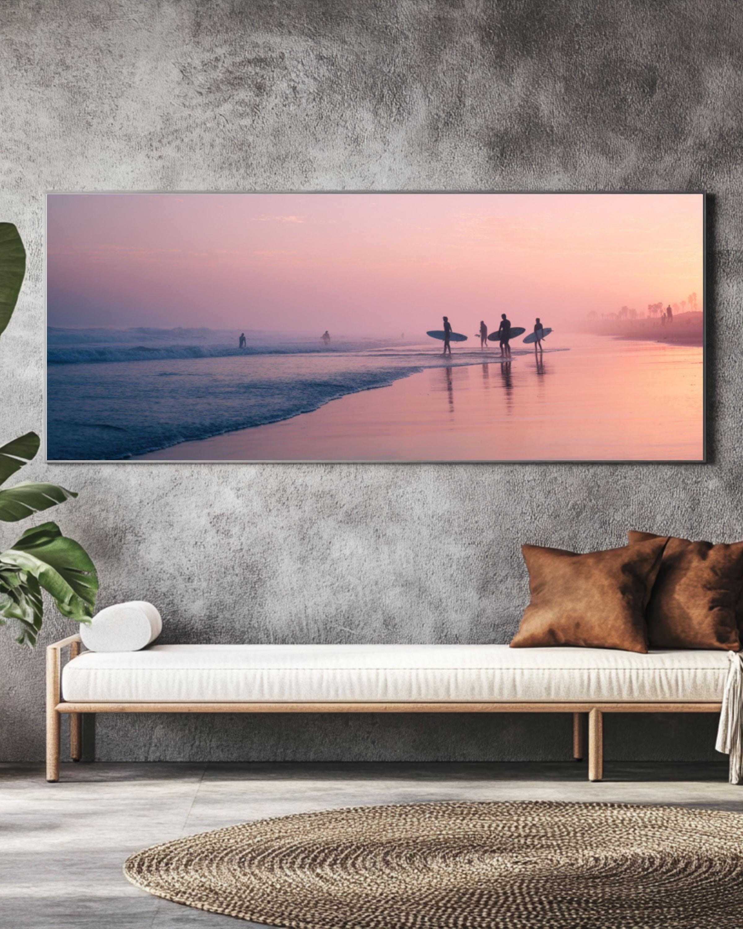 Pastel Beach Sunrise Wall Art | Surfers at Dawn Coastal Canvas Print
