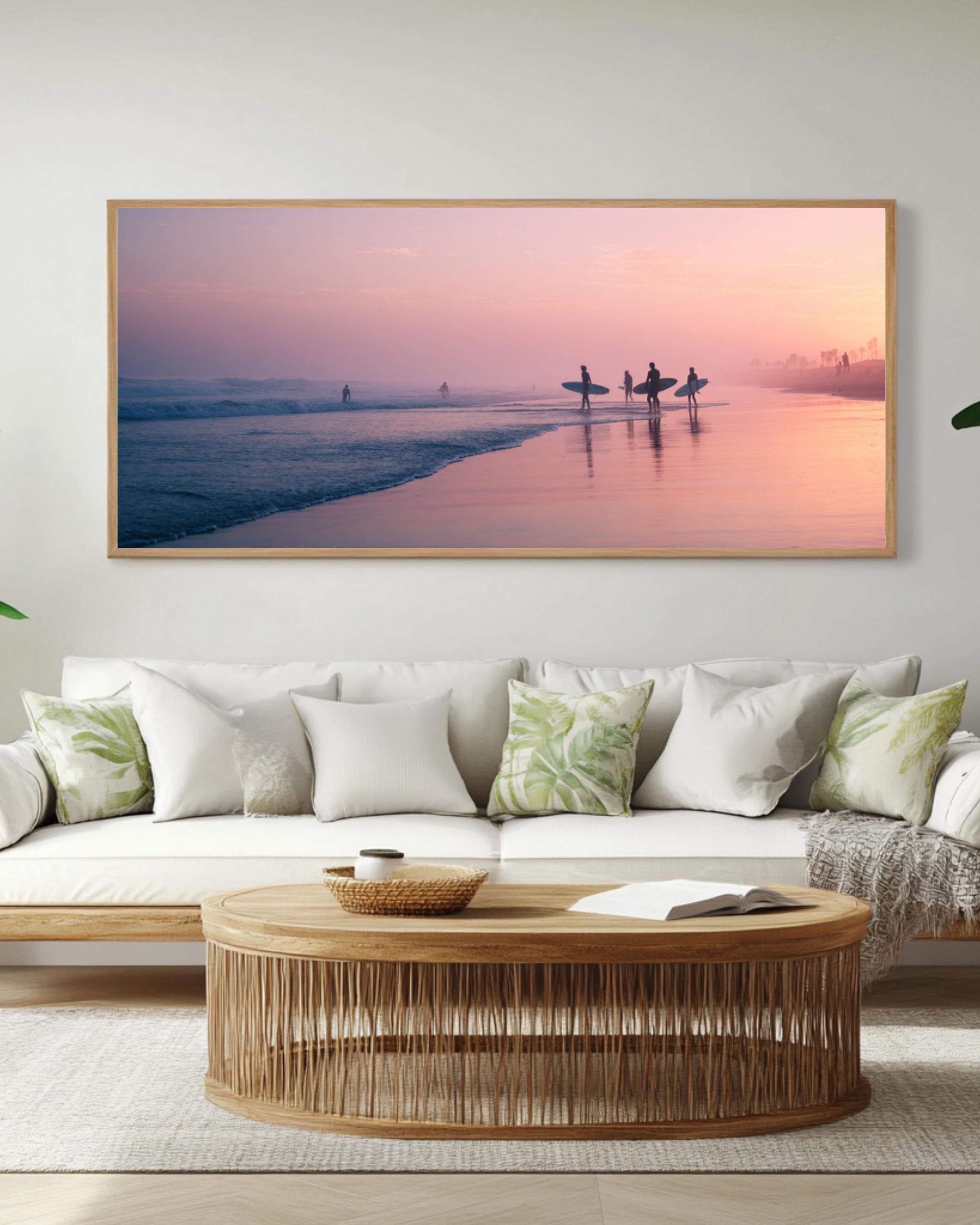 Pastel Beach Sunrise Wall Art | Surfers at Dawn Coastal Canvas Print
