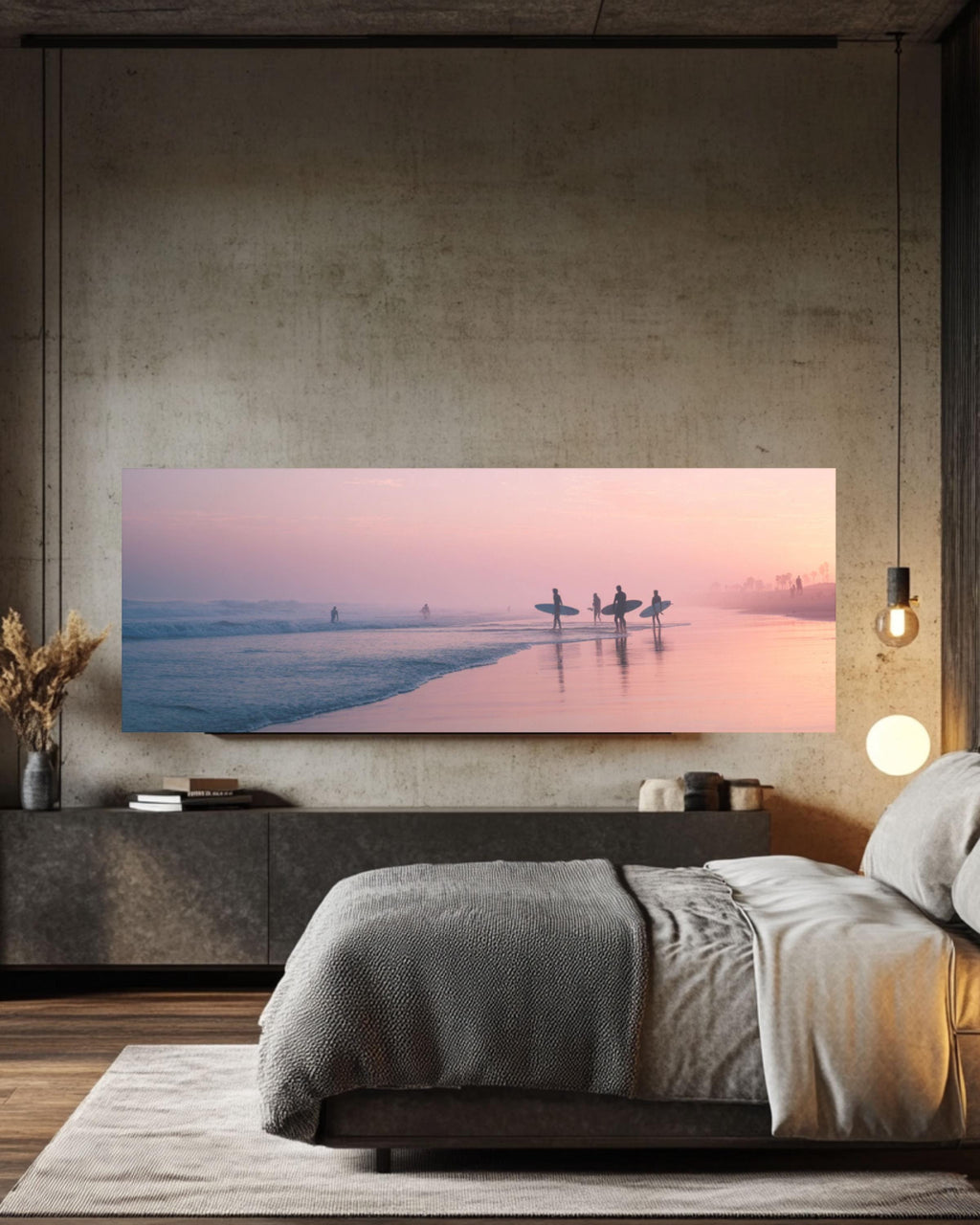 Pastel Beach Sunrise Wall Art | Surfers at Dawn Coastal Canvas Print