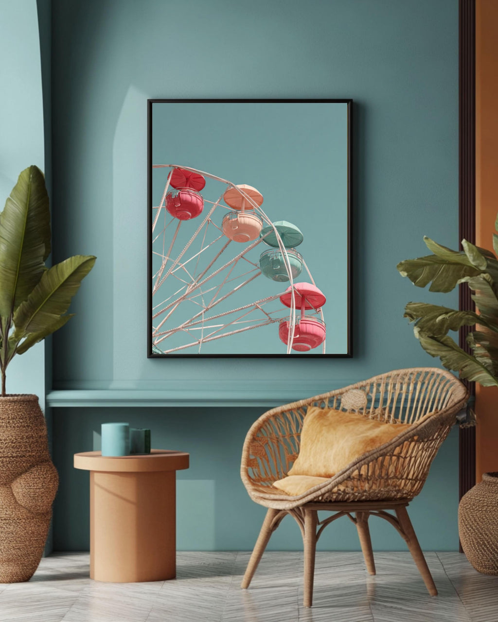 Pastel Ferris Wheel Wall Art | Minimalist Blue Sky Canvas Print