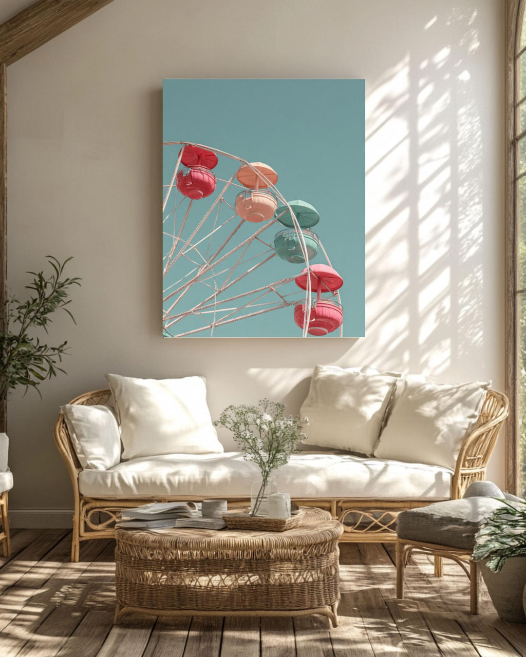 Pastel Ferris Wheel Wall Art | Minimalist Blue Sky Canvas Print