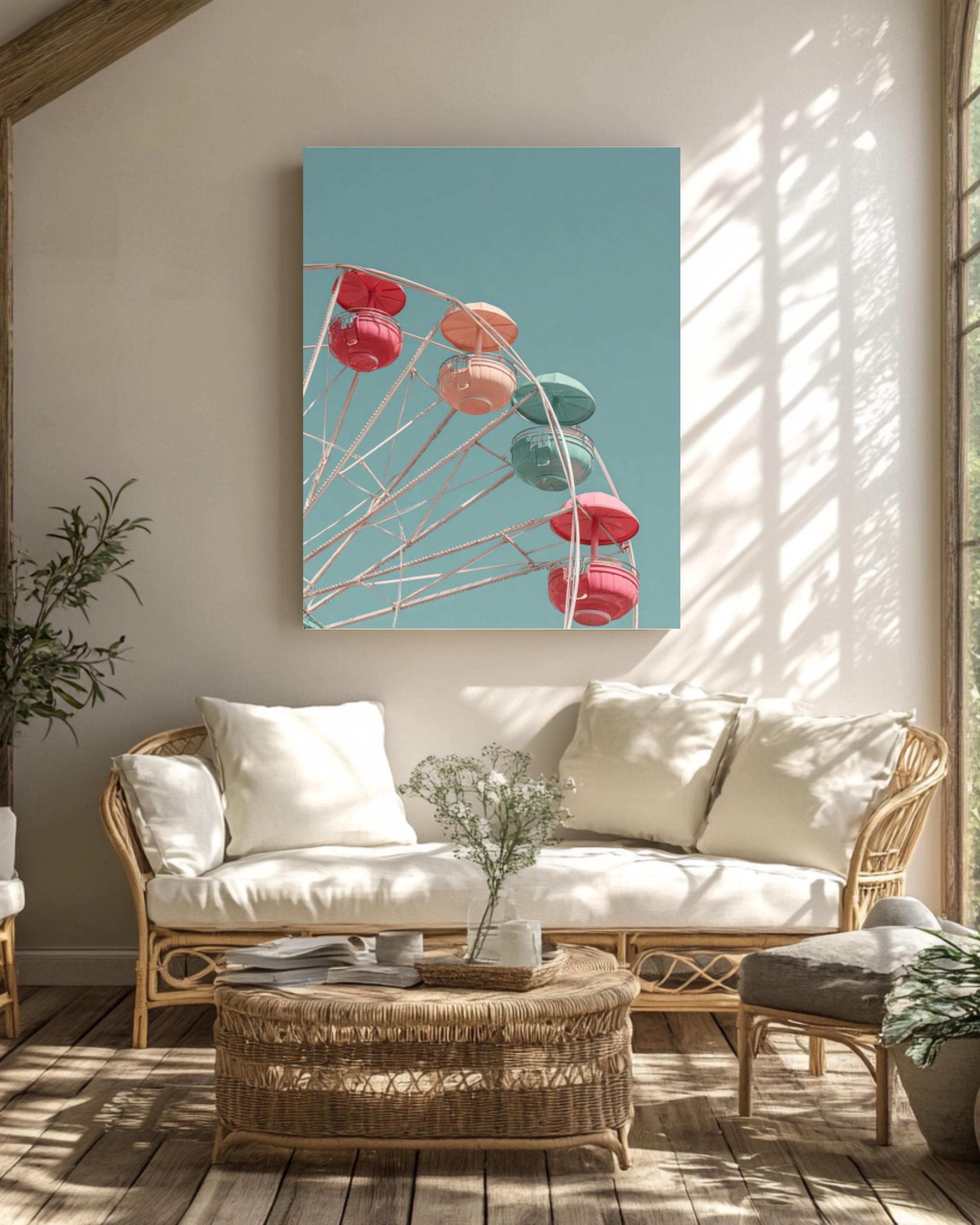 Pastel Ferris Wheel Wall Art | Minimalist Blue Sky Canvas Print
