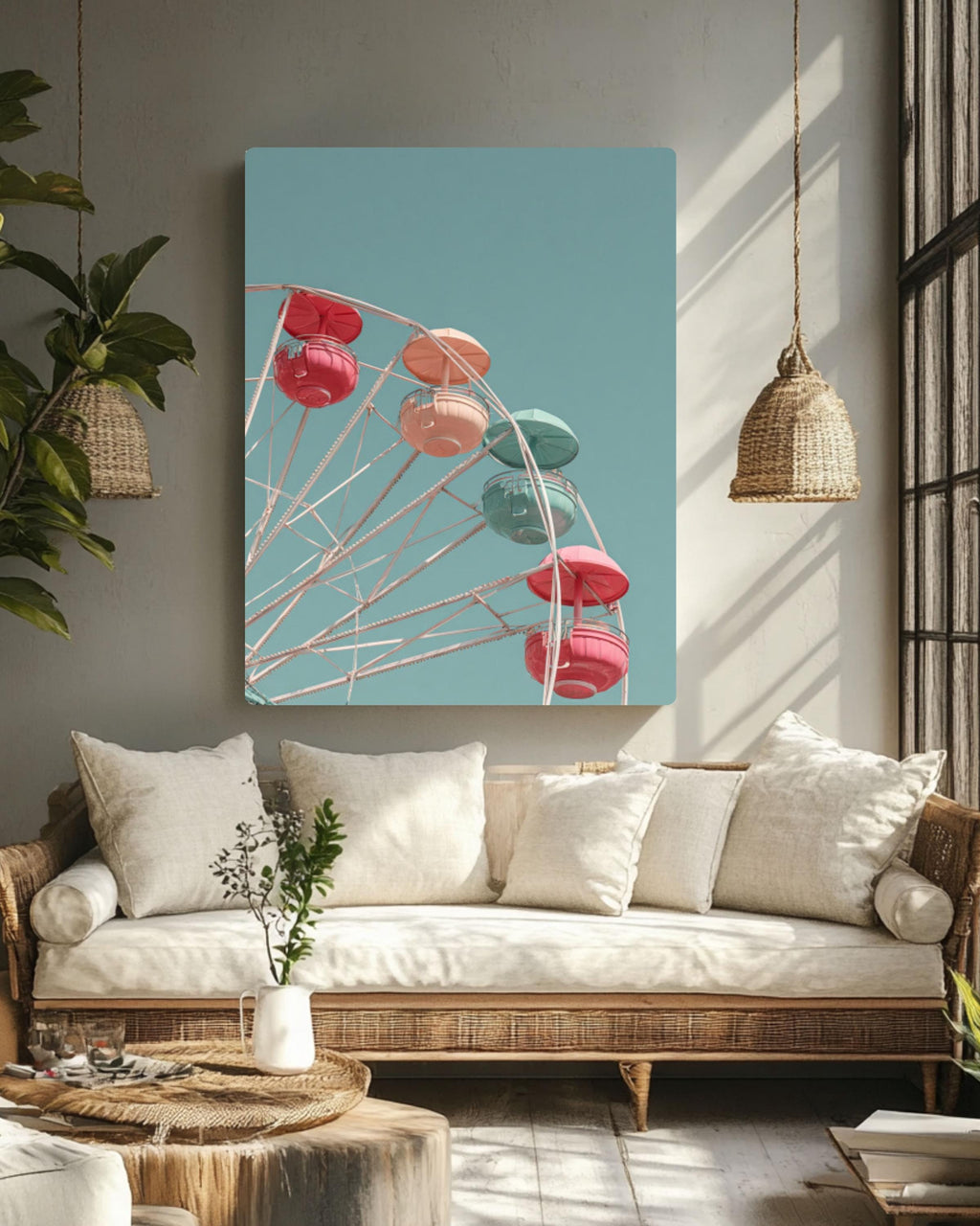 Pastel Ferris Wheel Wall Art | Minimalist Blue Sky Canvas Print