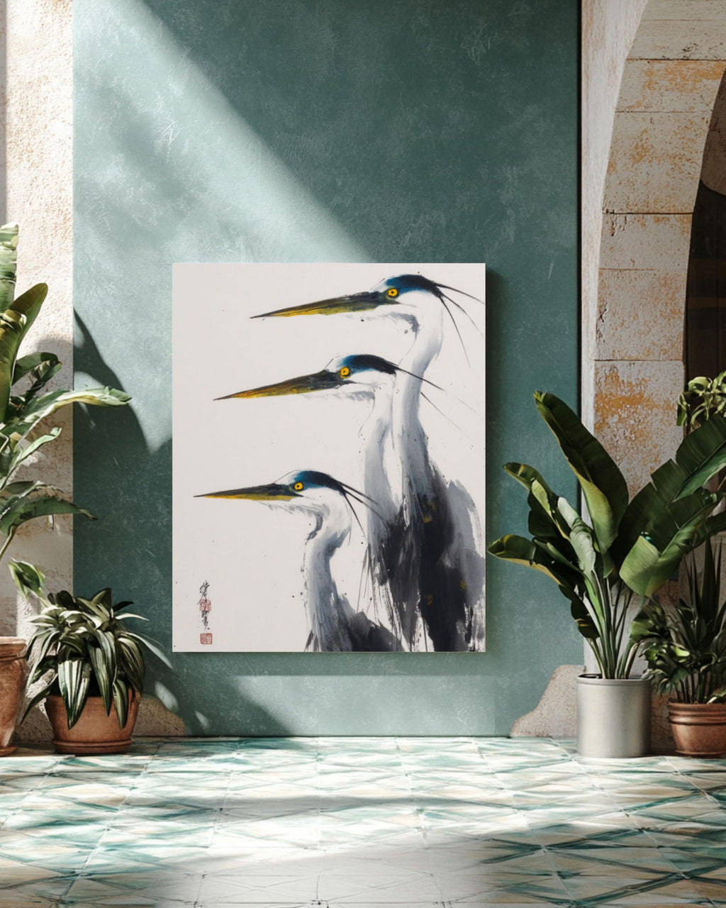 Blue Herons Wall Art | Minimalist Chinese Ink Painting Canvas Print