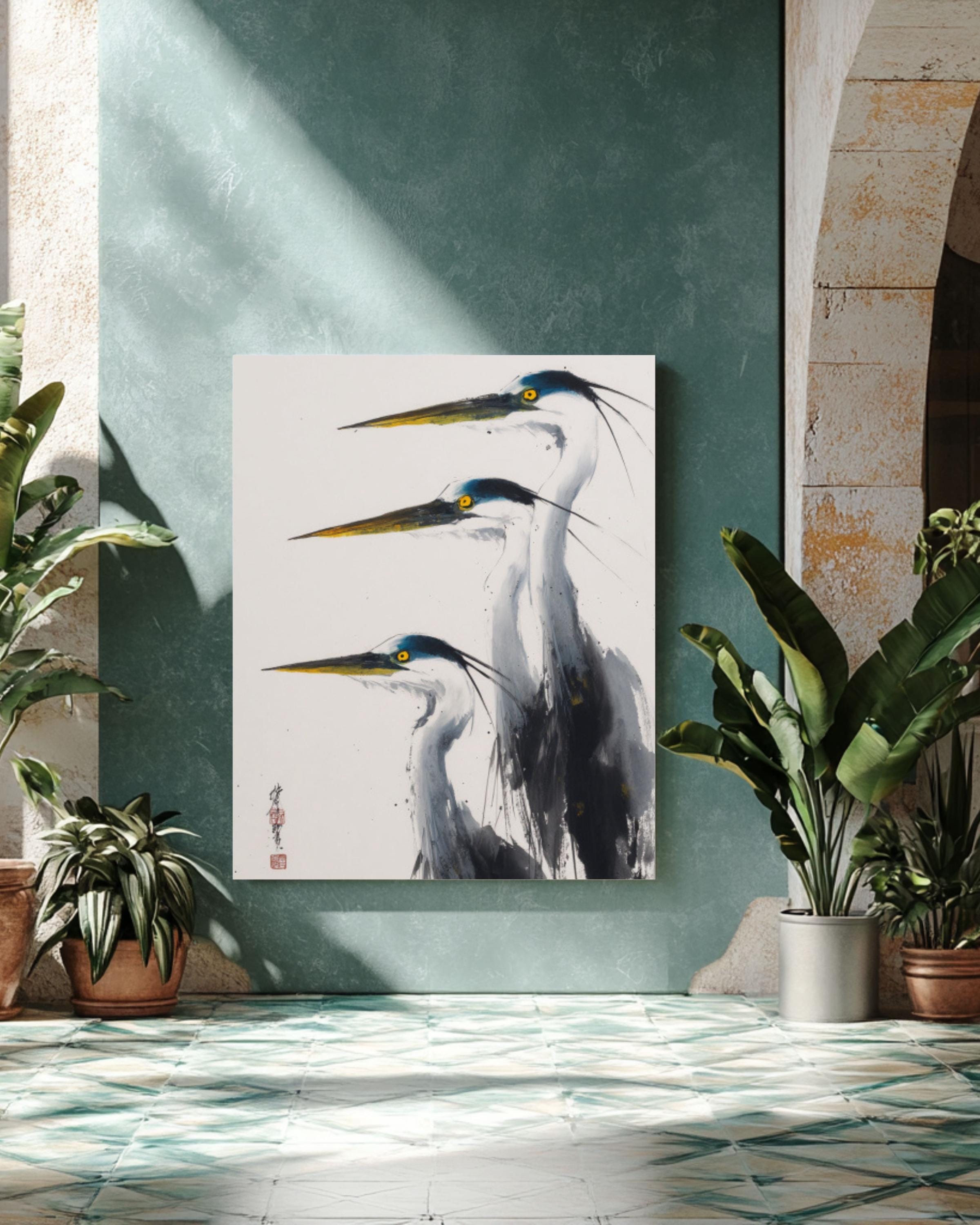 Blue Herons Wall Art | Minimalist Chinese Ink Painting Canvas Print