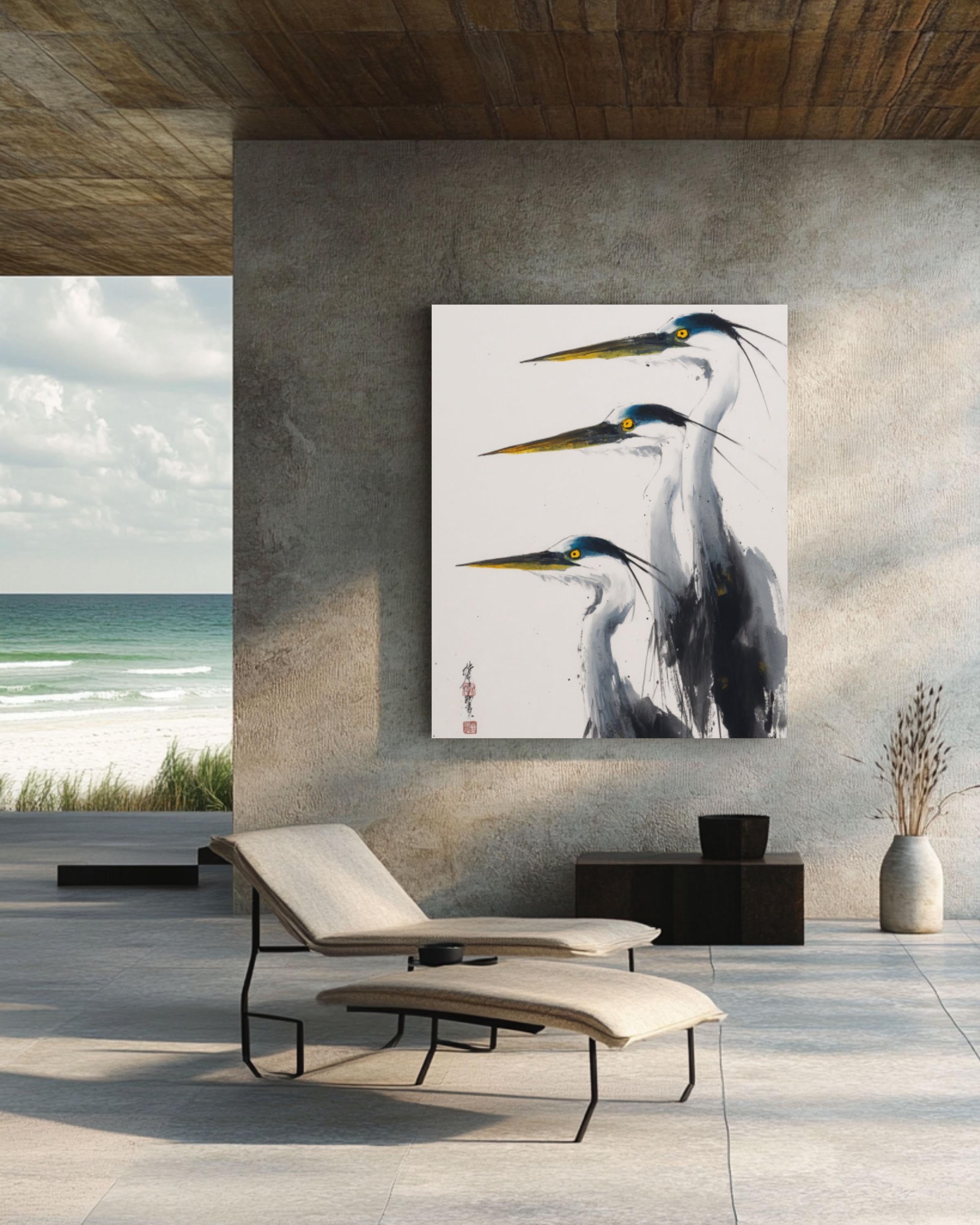 Blue Herons Wall Art | Minimalist Chinese Ink Painting Canvas Print