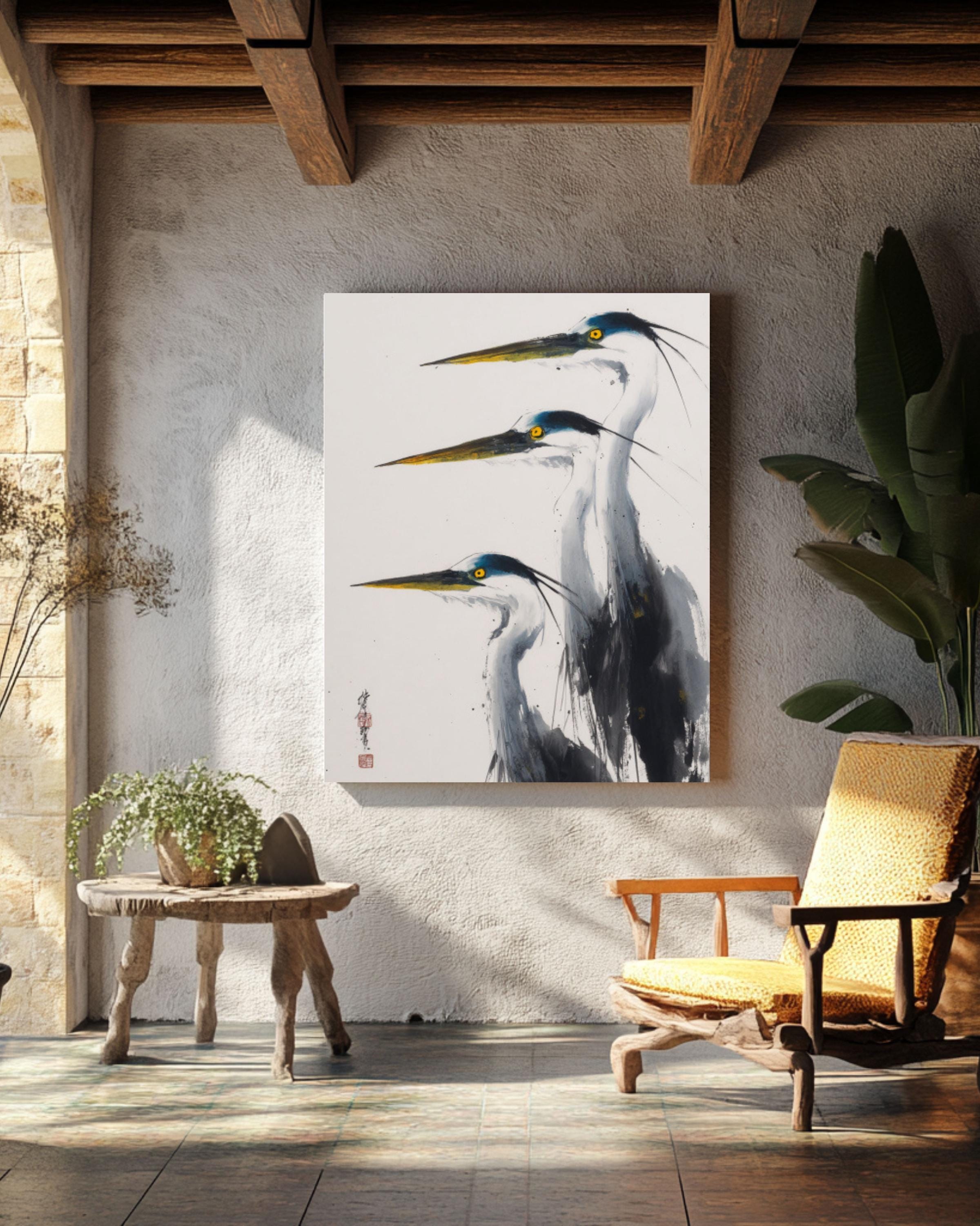 Wu Guanzhong Blue Herons Print: Minimalist Chinese Ink Painting Wall Art for home and office wall décor