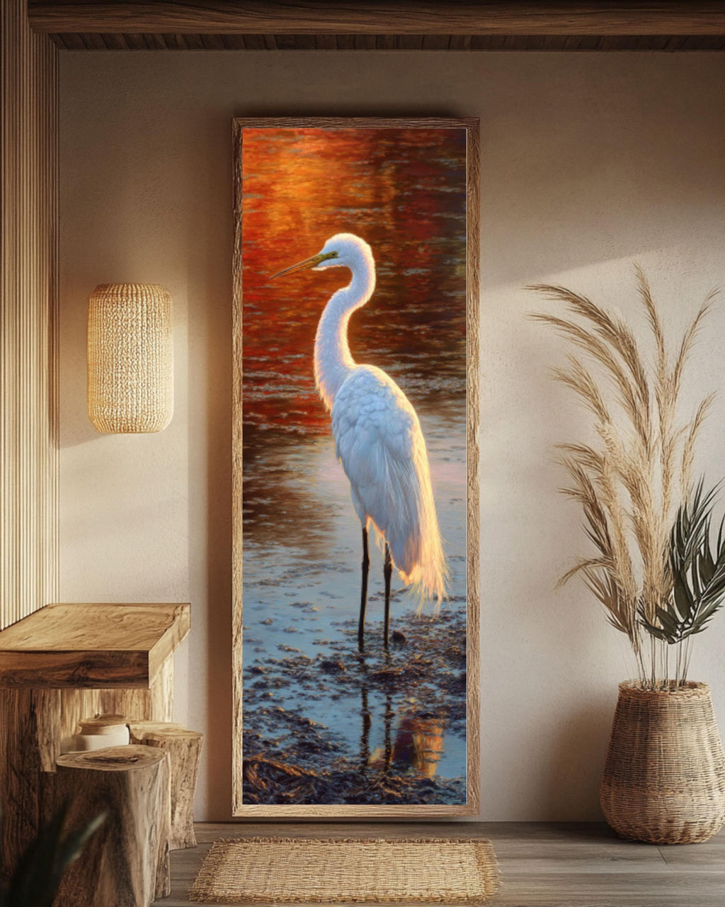 White Crane Golden Hour Wall Art | Serene Bird Oil Painting Canvas
