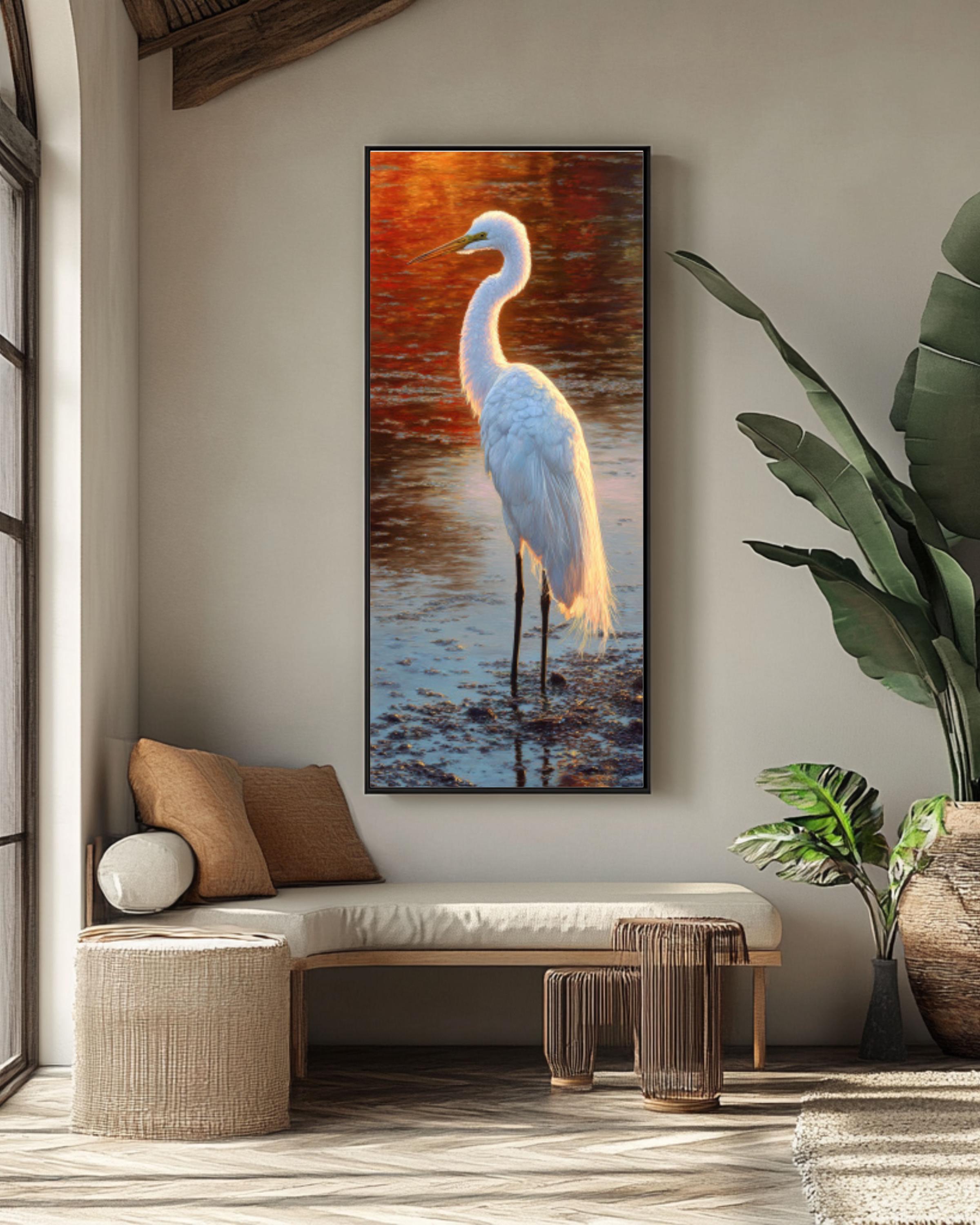 White Crane Golden Hour Wall Art | Serene Bird Oil Painting Canvas