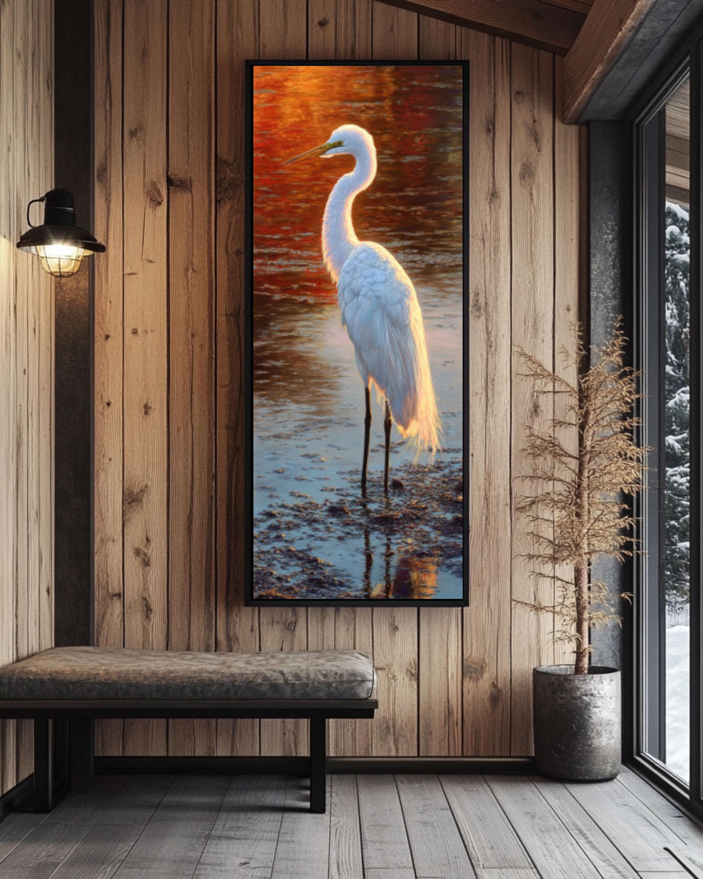 White Crane Golden Hour Wall Art | Serene Bird Oil Painting Canvas