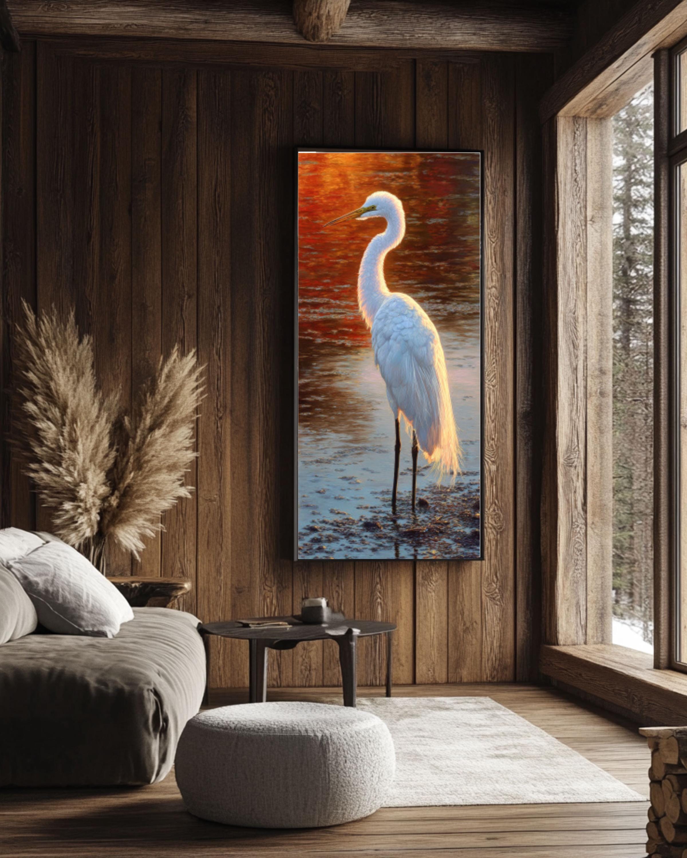 White Crane Oil Painting: Golden Hour Canvas Art, Serene Bird Reflection for home and office wall décor